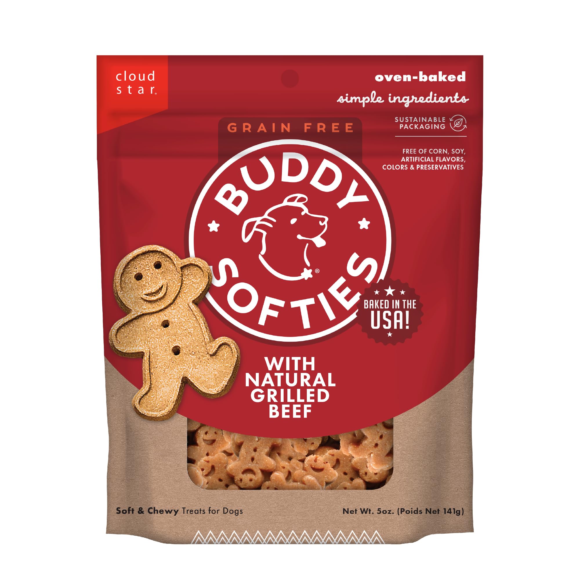 **Buddy Biscuits Softies Grain-Free Dog Treats - 5 oz Pouch, Natural Grilled Beef Flavor, Soft & Chewy, Oven Baked in USA - Perfect for Training, Rewards & Dental Health**
