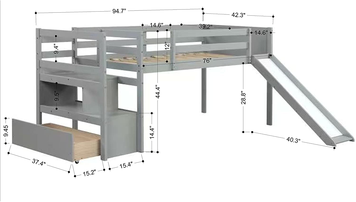 **Twin Loft Bed with Stairs & Slide - Wooden Kids Loft Bed with Storage Drawer, Shelf & Safety Guardrails - Low Junior Loft Bed Frame for Girls & Boys - No Box Spring Needed - Grey - Perfect for Small Bedrooms & Playrooms**