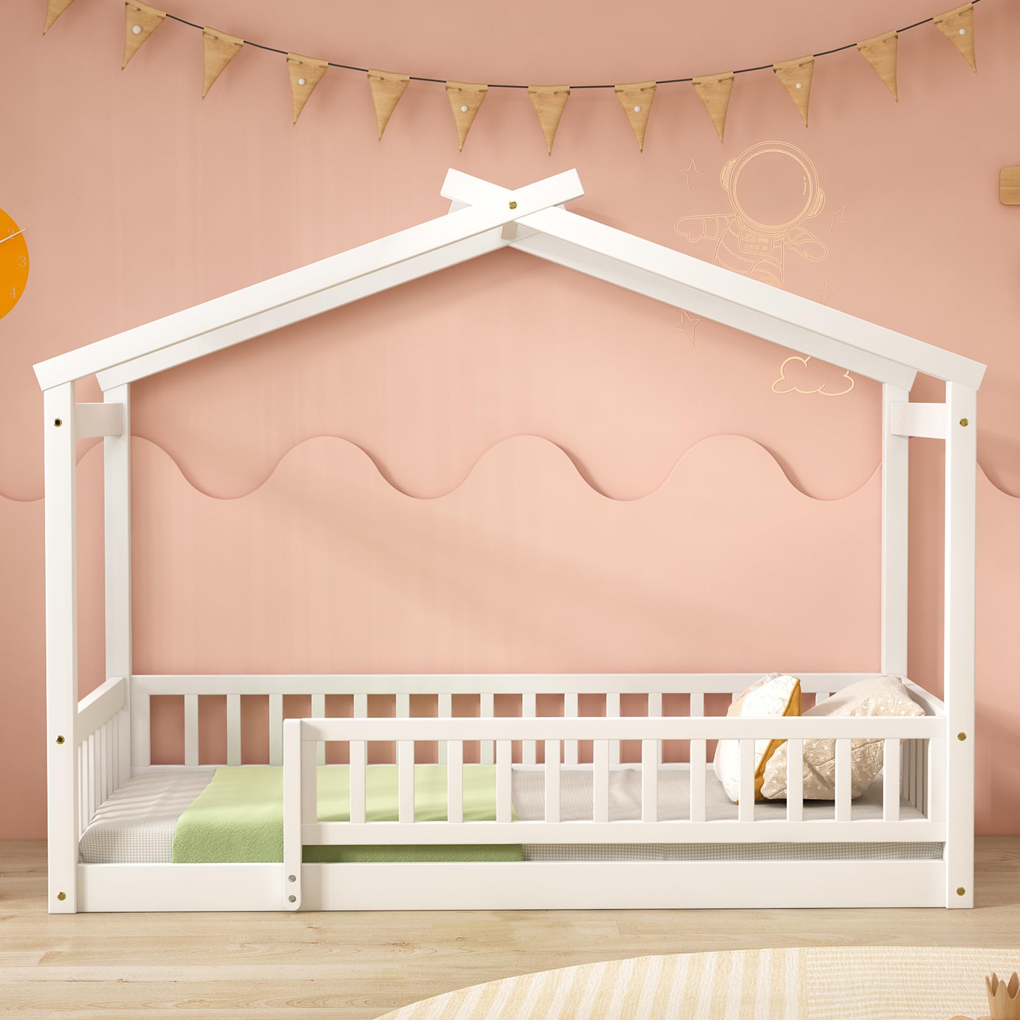 Montessori Twin Size Floor Bed for Kids with Safety Fence - Solid Wood Bed Frame for Boys & Girls - No Box Spring Needed - White - Perfect for Toddler Rooms & Daycare Centers