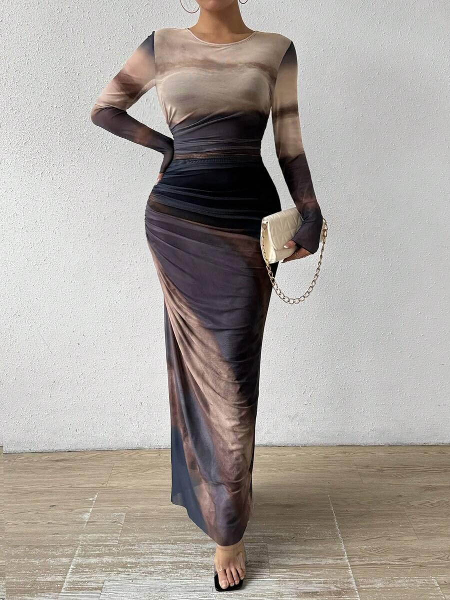 Women's Printed Bodycon Dress Long Sleeve Tie Dye Sexy Maxi Dress with Mesh Layering - Perfect for Parties, Date Nights & Club Wear