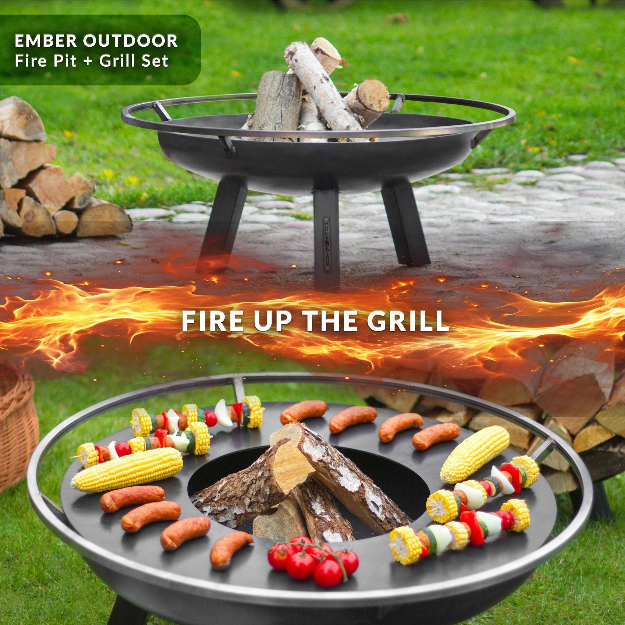 Porto 24-Inch Outdoor Fire Pit with Removable Grill Plate - Perfect for Backyard Camping, Patio Gatherings & BBQ Parties