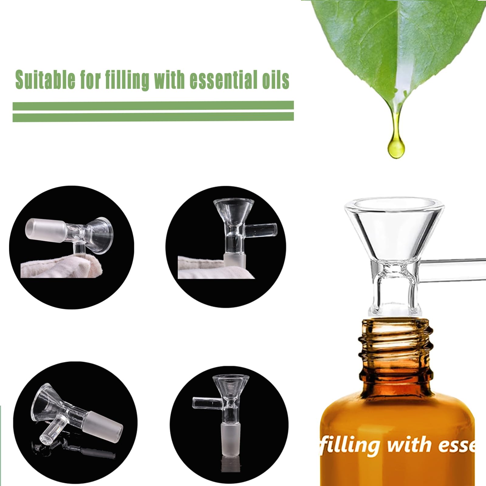 8Pcs Glass Funnel Set with 2Pcs Cleaning Brushes - 14mm Small Glass Funnel with Handle for Kitchen, Lab, Bar - Easy to Clean & Portable Multi-Purpose Funnel for Liquids, Oils, Spices - Perfect for Home Cooking, Cocktail Making & DIY Projects