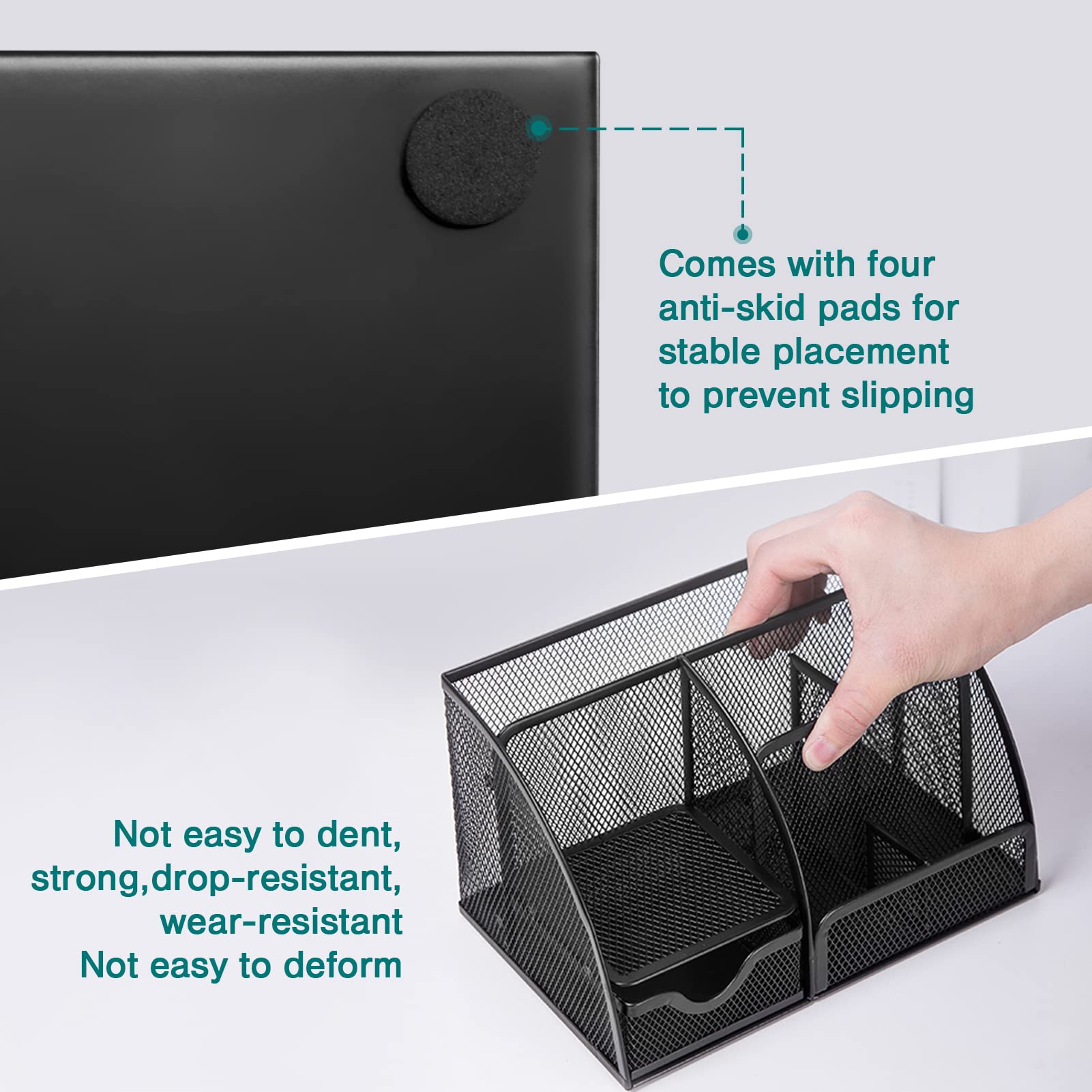 RJOAM Mesh Desk Organizer with Drawer - 6 Compartment Office Supplies Holder for Home, Office, School & Classroom - Black Desktop Organizer Caddy for Pens, Papers, Books & Stationery Storage