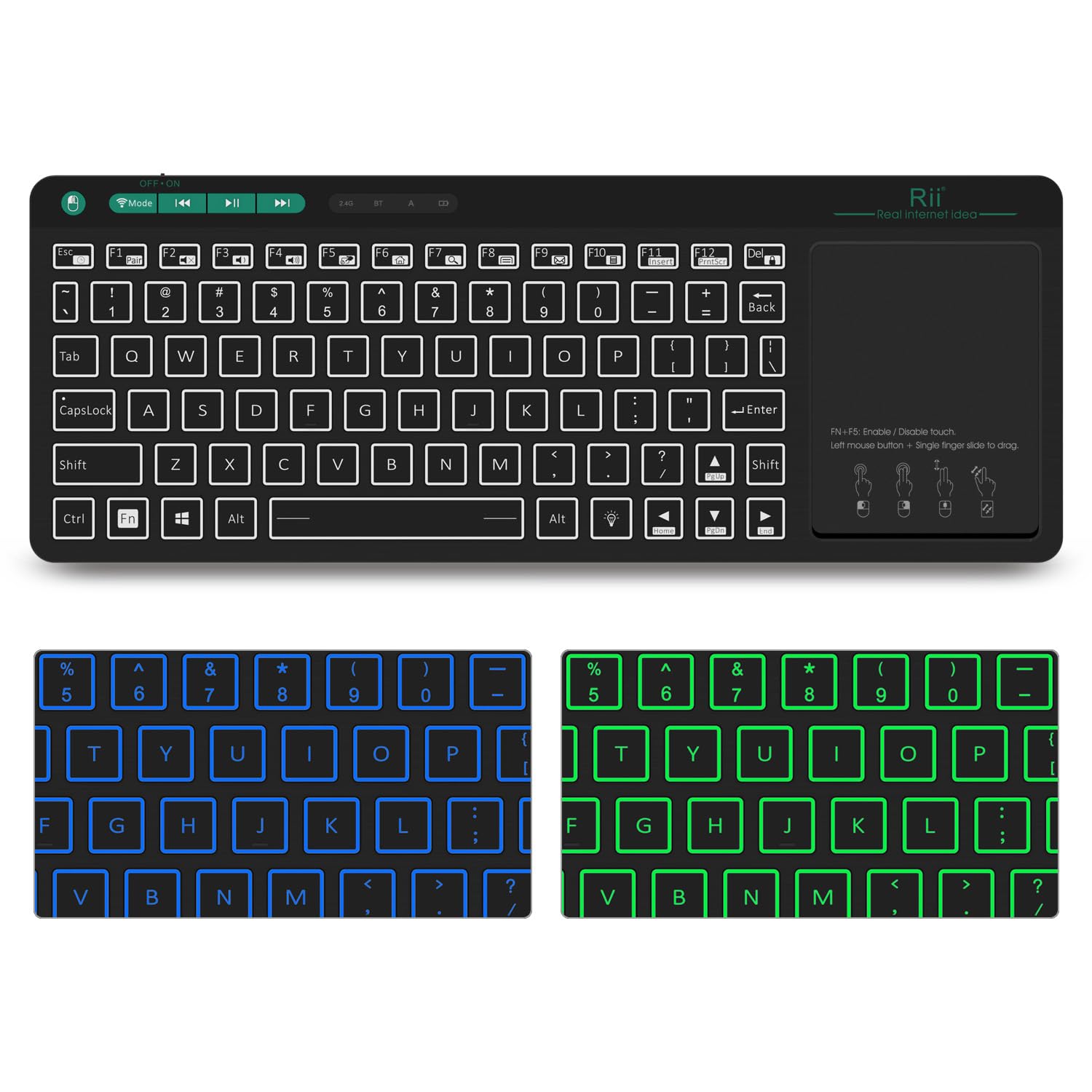 Rii Wireless Bluetooth Keyboard with Touchpad & LED Backlight - Rechargeable Big Trackpad Keyboard for Android TV Box, Smart TV, Xbox, Raspberry Pi, PC, Tablet, HTPC | Compatible with Android, Windows, macOS | Perfect for Home Entertainment & Office Work