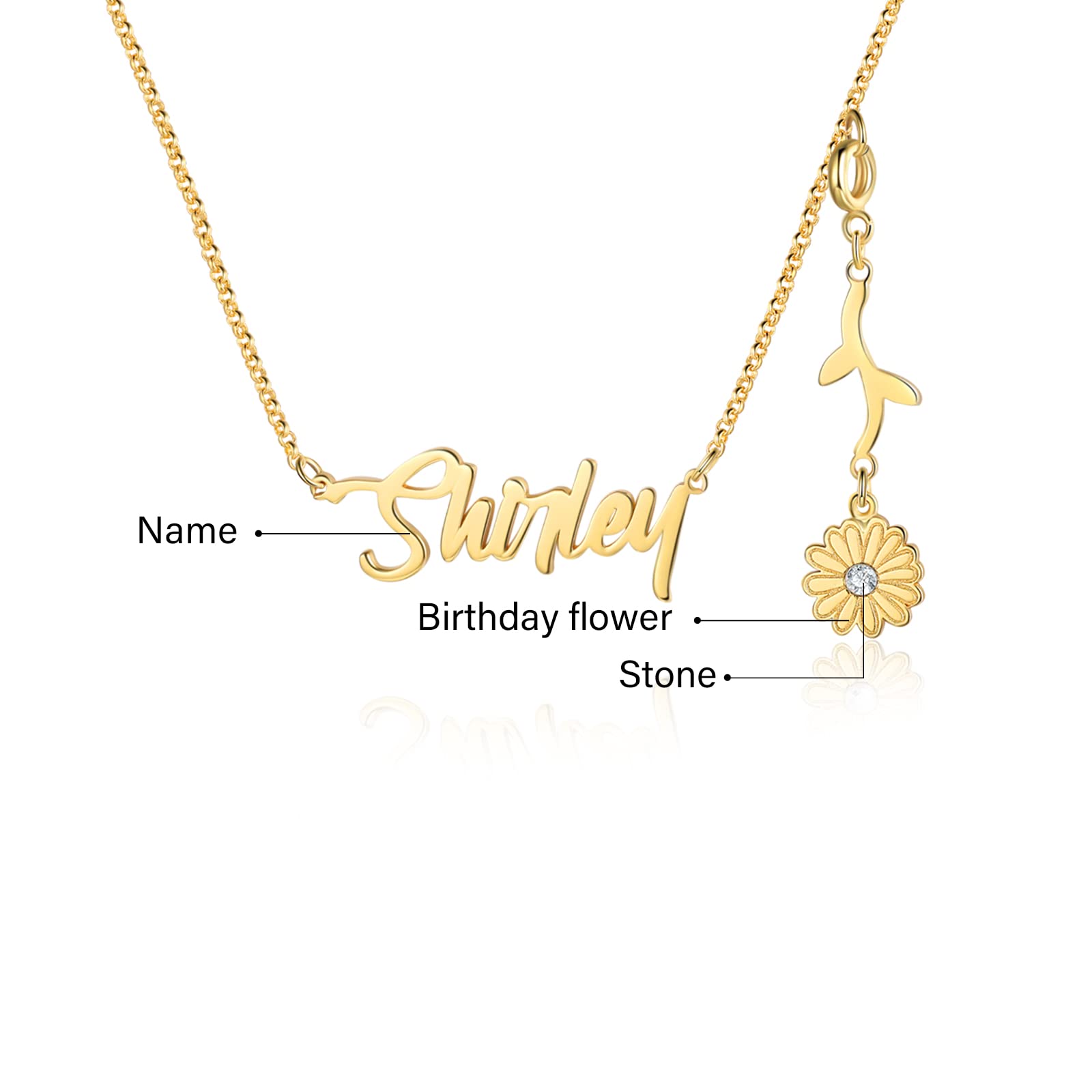 Custom Birth Flower Name Necklace for Women - 925 Sterling Silver & Gold Personalized Jewelry with Dainty Birth Month Flower Charm | Unique Birthday Gift for Her, Anniversary Present, Mother's Day Jewelry