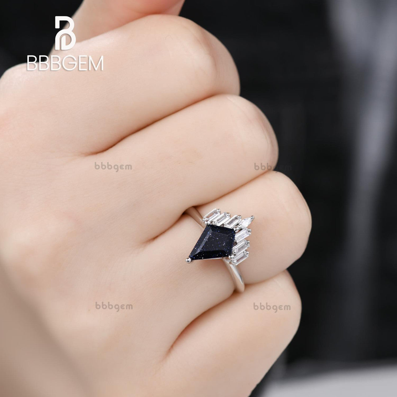 Vintage Blue Goldstone Moissanite Engagement Ring - Knife Edge Kite Cut Blue Sandstone Statement Ring for Women, Wedding, Anniversary & Special Occasions