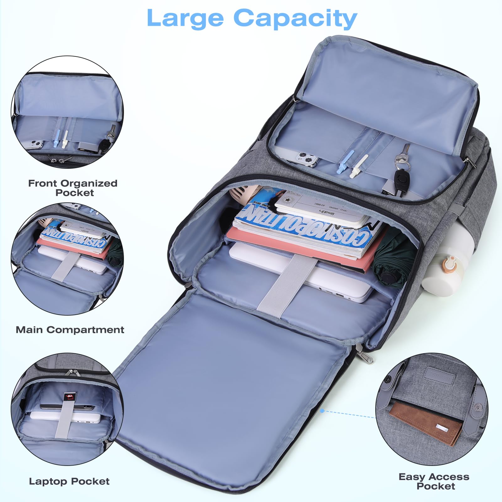 15.6 Inch Waterproof Laptop Backpack for Men & Women - TSA Friendly Business Travel Backpack with USB Charging Port, Grey | Perfect for Work, Commuting & Airplane Carry-On
