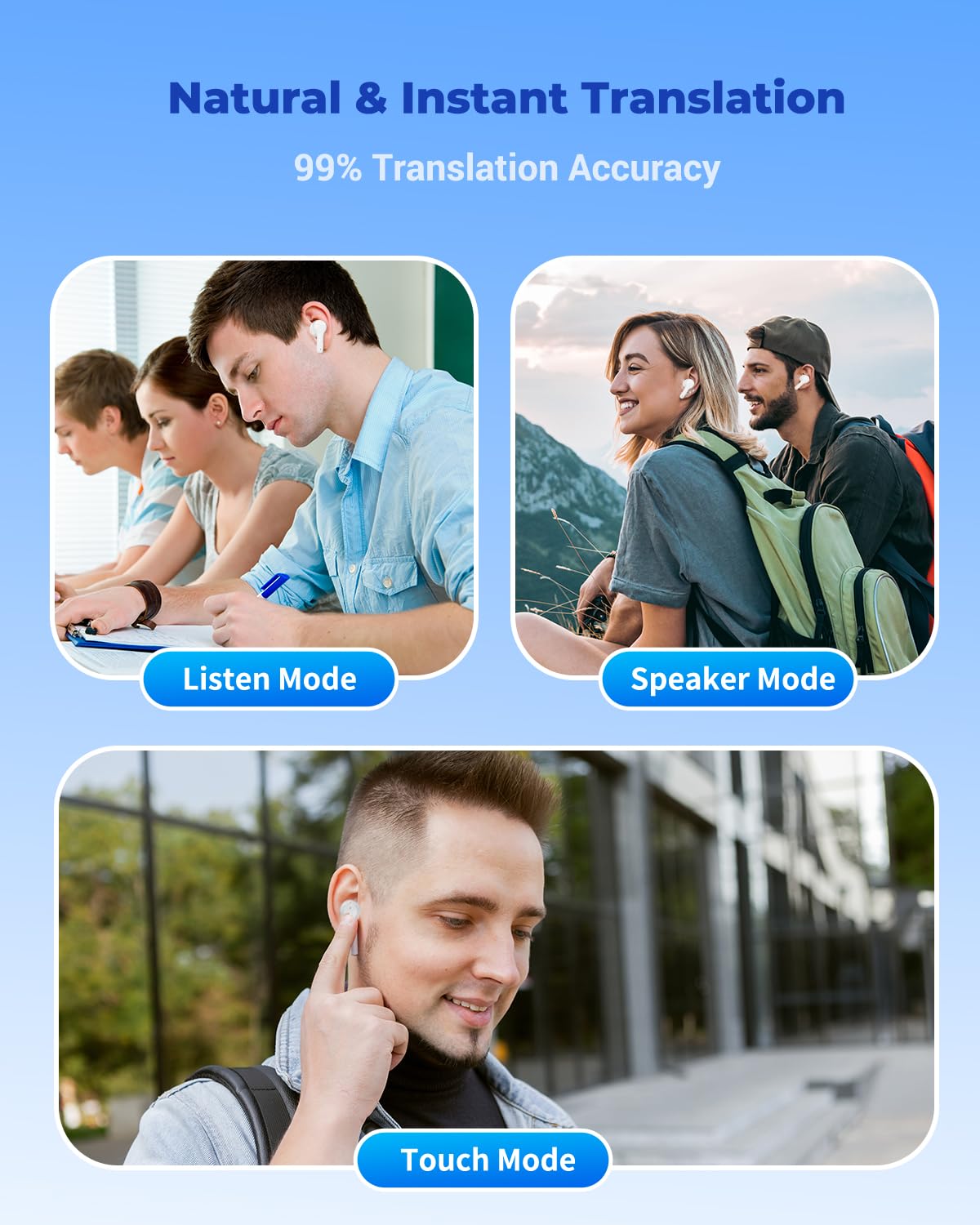 AI Translator Earbuds with 144 Languages & Accents - Real-Time Translation Earbuds for Travel, Business & Learning - No Monthly Fees - Wireless Bluetooth Earbuds for International Communication (White)