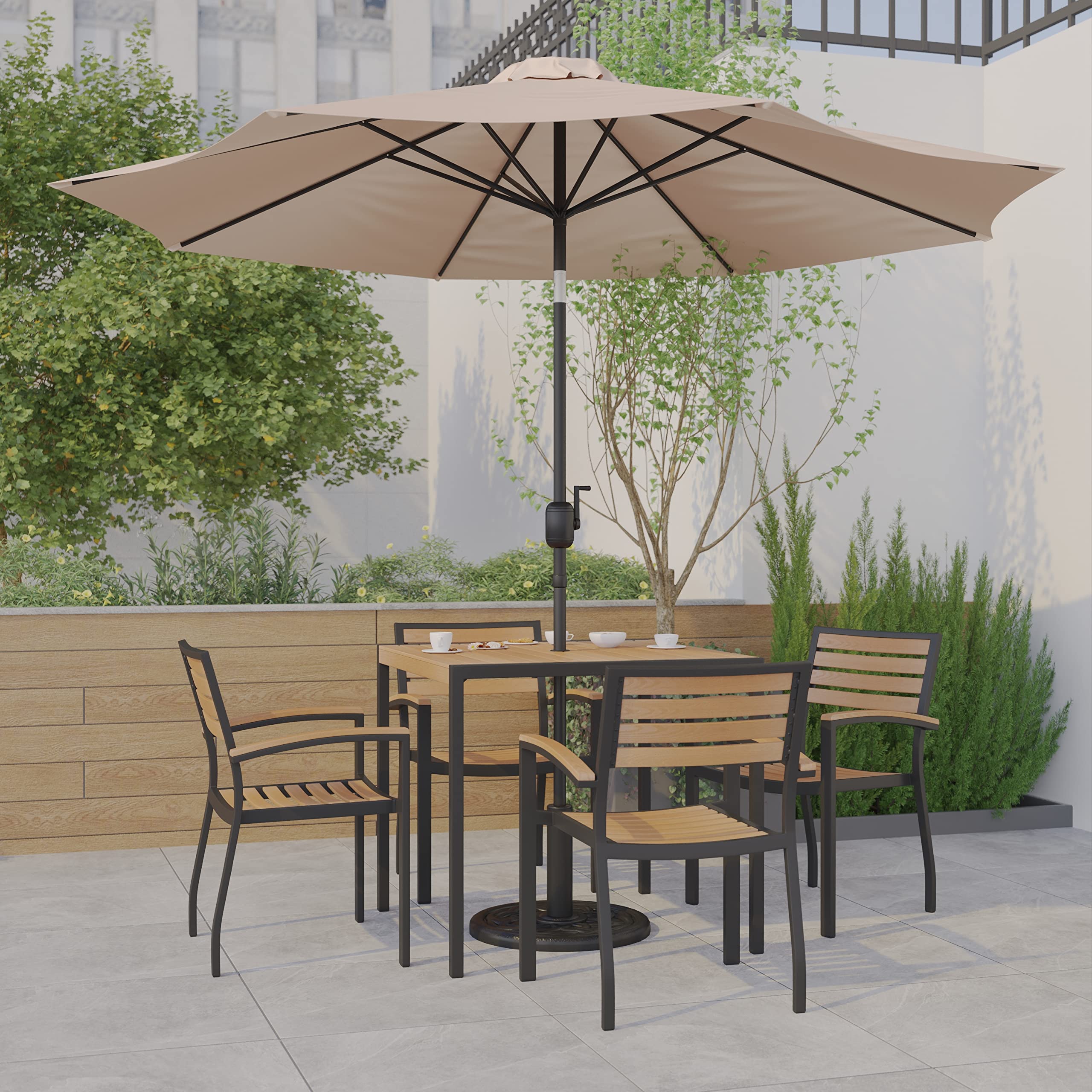 Emma & Oliver 7-Piece Outdoor Patio Dining Set with 4 Stackable Synthetic Teak Chairs, 35