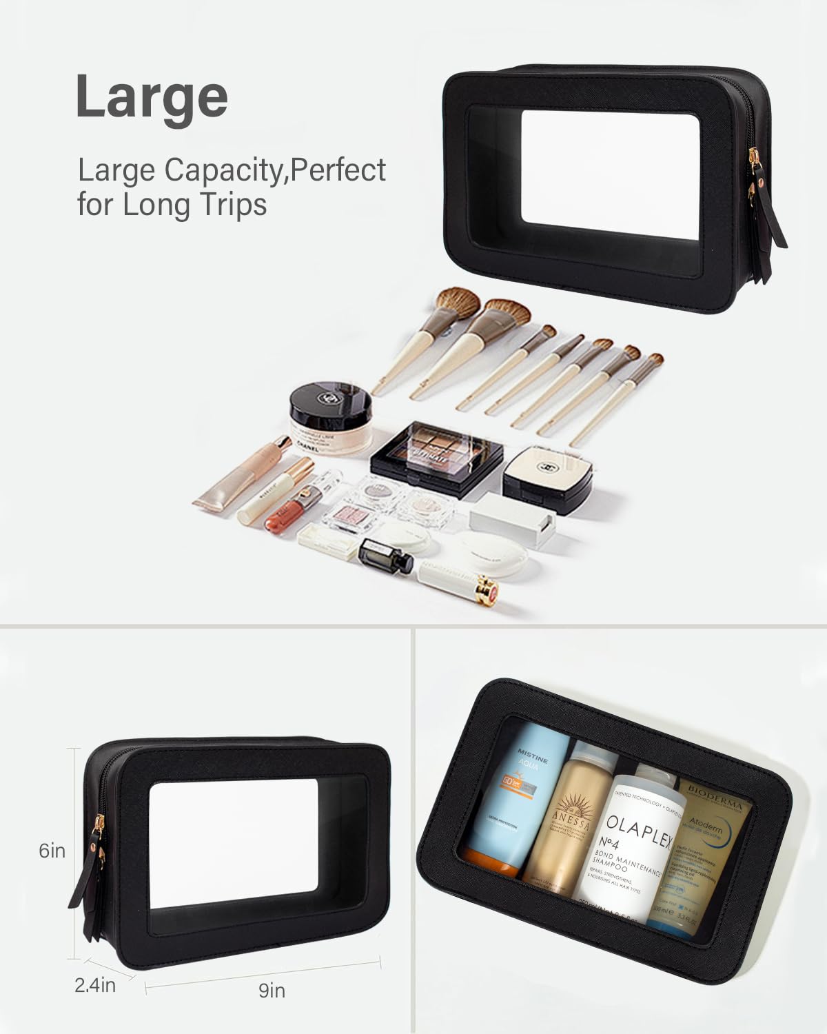 KOTORA Clear Makeup Bag Set for Women - Waterproof Travel Cosmetic Organizer & Toiletry Pouch - Perfect for Car Essentials, Gym, Airplane Carry-on & Daily Beauty Storage (Black)
