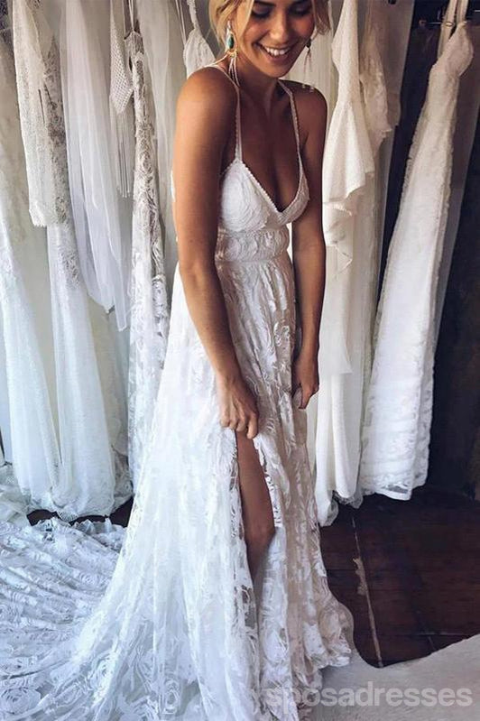 Elegant Long A-Line Straps V-Neck Side Slit Lace Wedding Dress WD748 - Perfect for Beach, Church & Outdoor Ceremonies