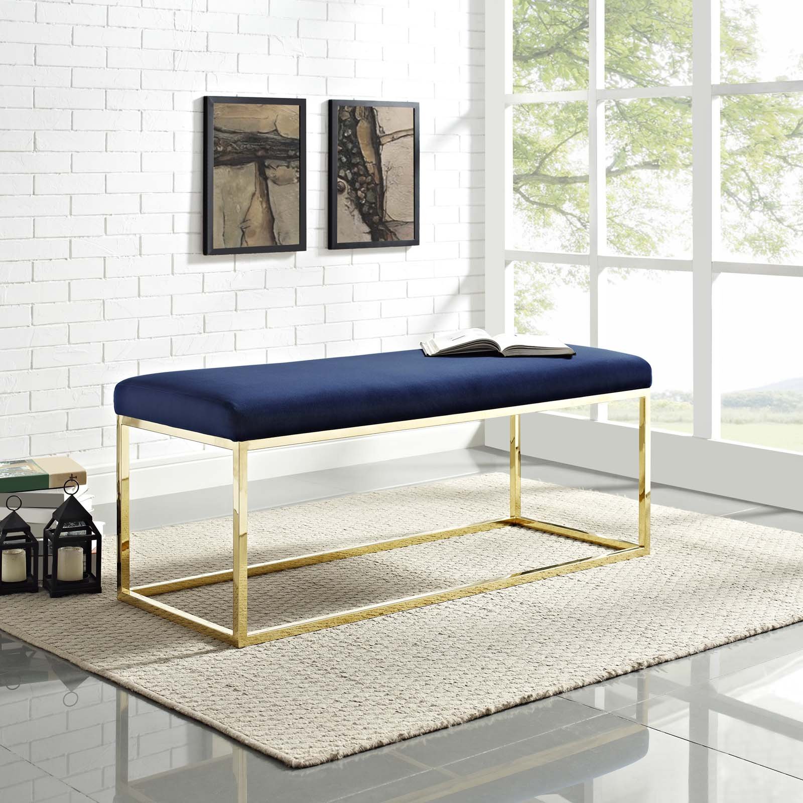 Modern Contemporary Accent Chair Bench with Velvet Fabric & Gold Metal Frame - Navy Blue Lounge Seating for Living Room, Bedroom, or Office Decor