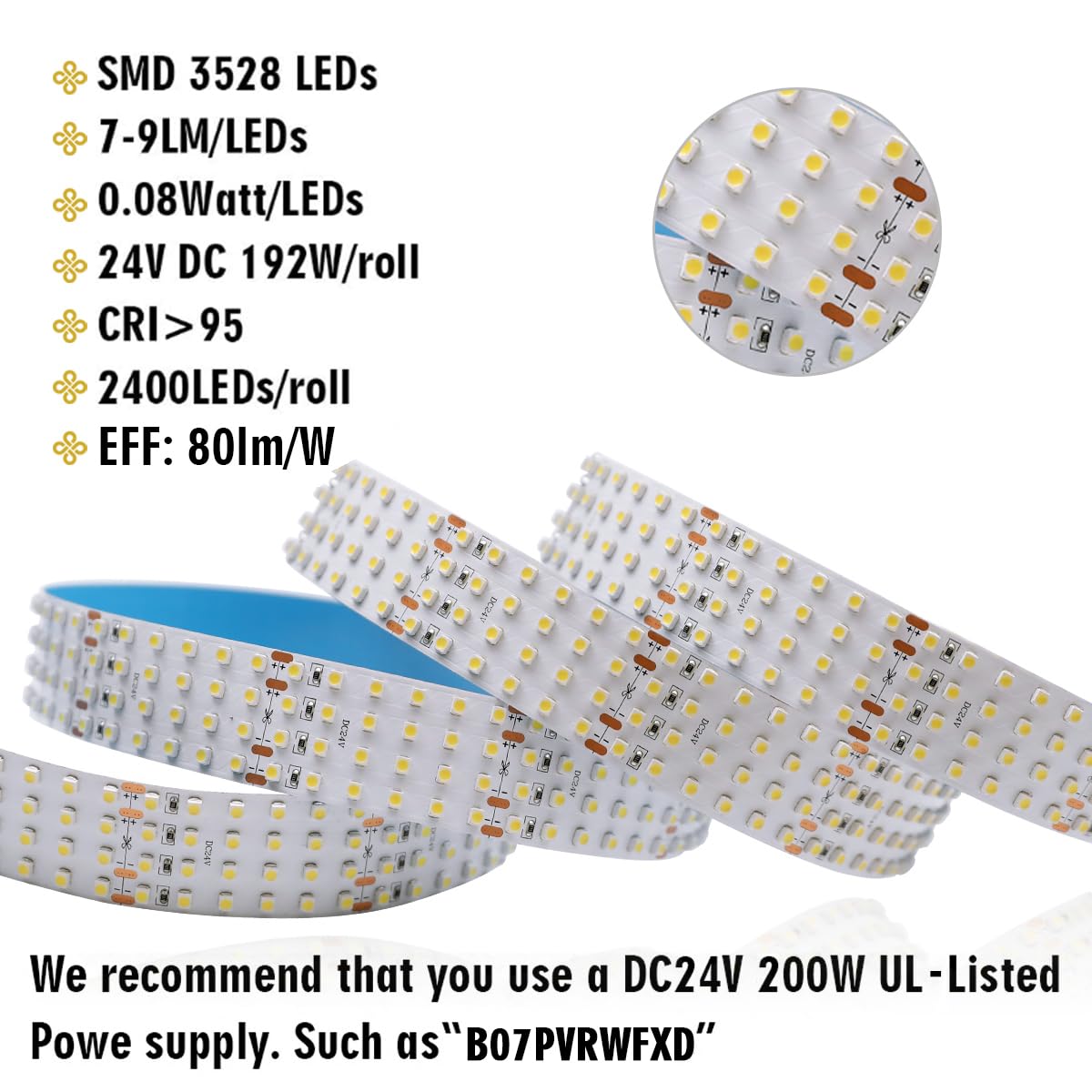 Quad Row LED Strip Lights - 24VDC 3528SMD 146LEDs/Ft High CRI 95 - Ultra Bright Flexible LED Tape Lights - 1,170 Lumens/Ft - 2400 LEDs 16.4Ft Roll - Perfect for Photography Lighting, Home Decoration & Commercial Display (White 6000K)