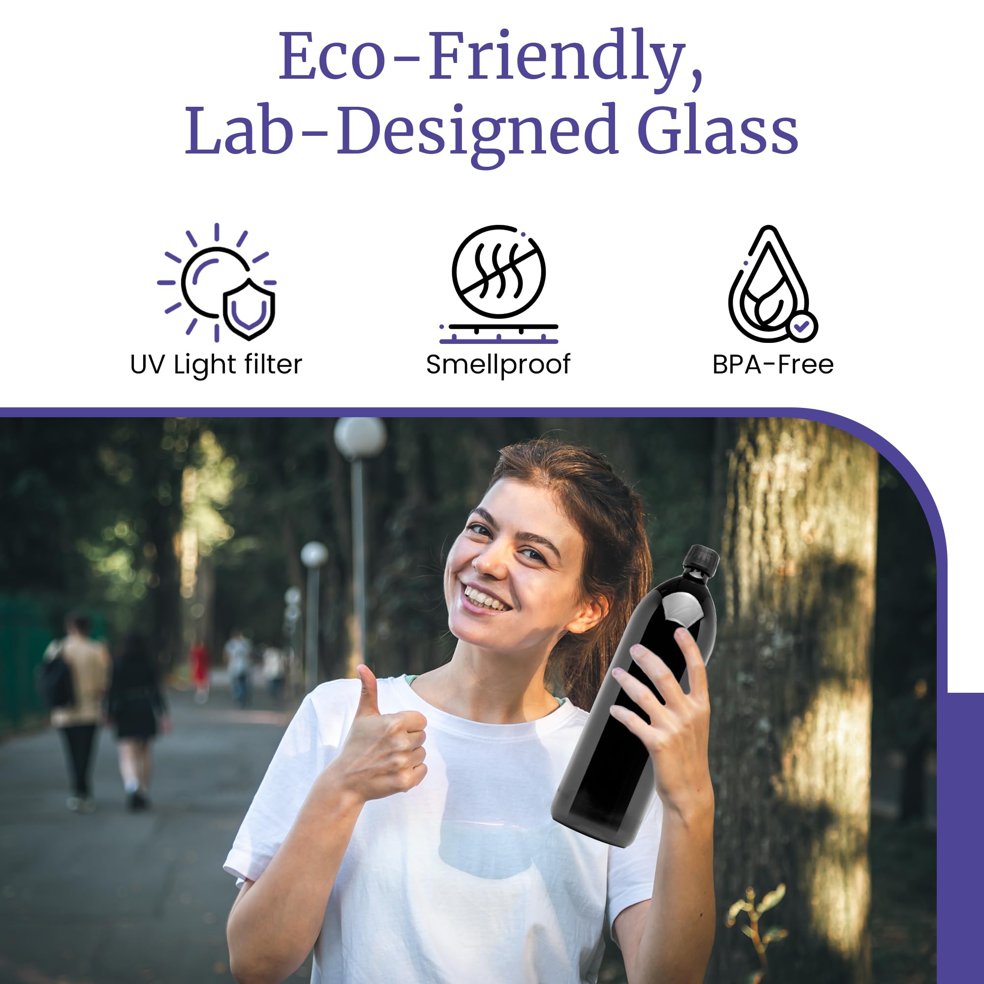 Infinity Jars 1 Liter (34 oz) UV Protection Large Round Glass Water Bottle - Perfect for Home, Office, Gym & Outdoor Activities