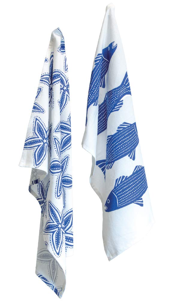 Premium Cotton Kitchen Dish Towels Set of 2 - 28x18 Inches Absorbent Tea Towels with Starfish & Stripes Design - Perfect for Drying Dishes, Cleaning Countertops & Coastal Themed Kitchens