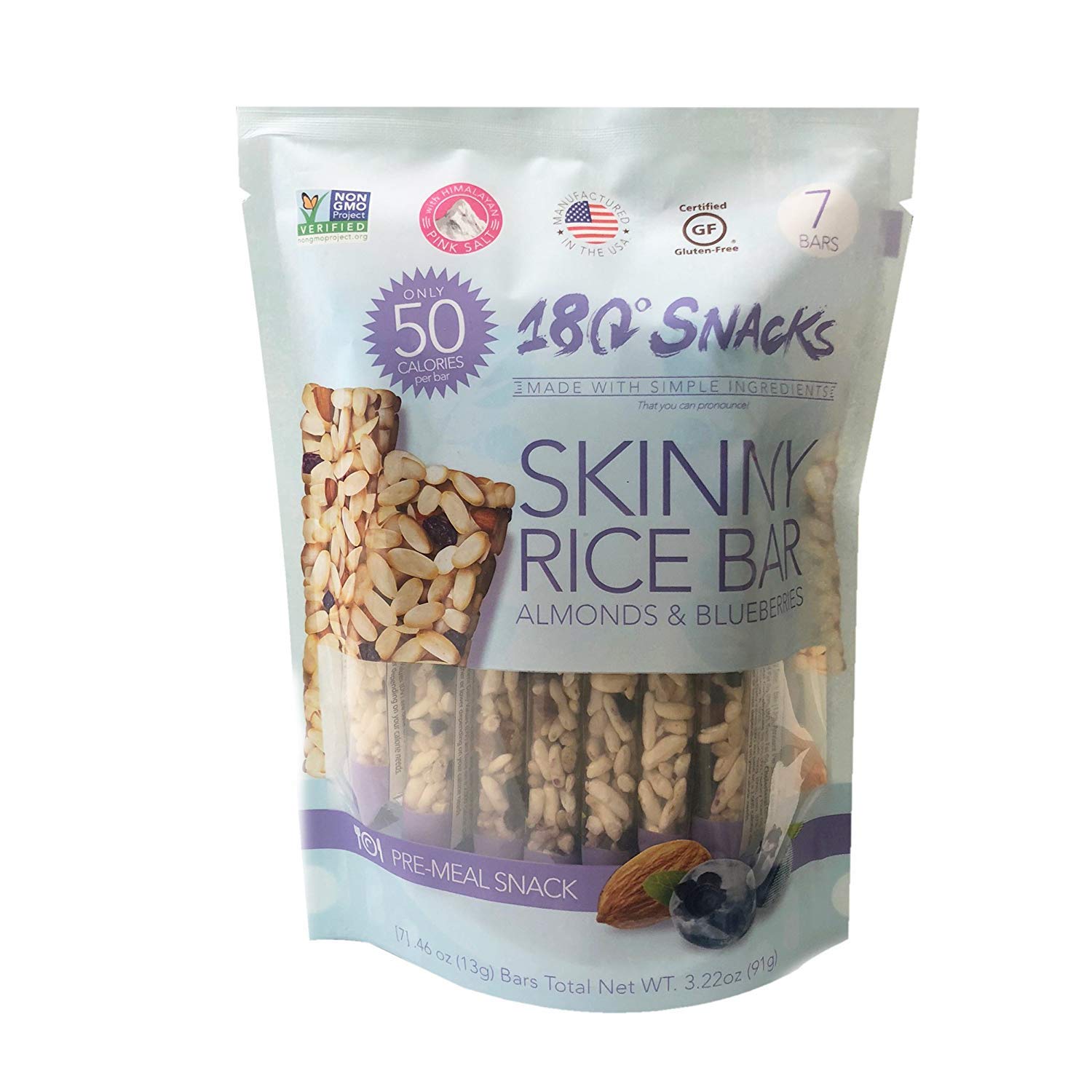 180 Snacks Skinny Almond and Rice Bar with Himalayan Salt - 2 Pack Blueberry Flavor | Healthy Gluten-Free Snack for Hiking, Office & On-the-Go