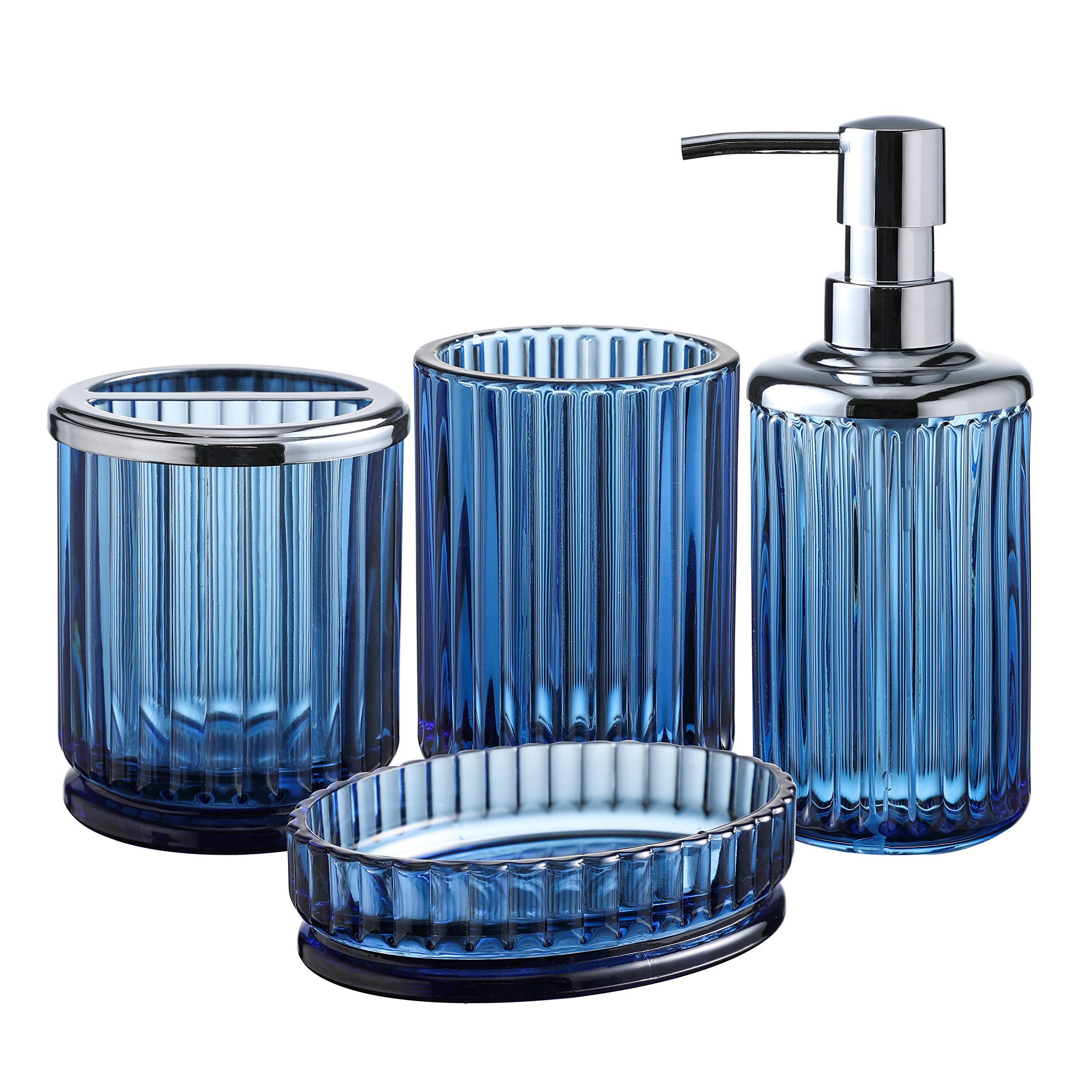 4-Piece Heavyweight Blue Glass Bathroom Accessories Set with Decorative Pressed Pattern - Includes Soap Dispenser, Toothbrush Holder, Soap Dish & Tumbler in Cobalt Blue | Modern Bathroom Decor for Home, Hotel & Spa Use