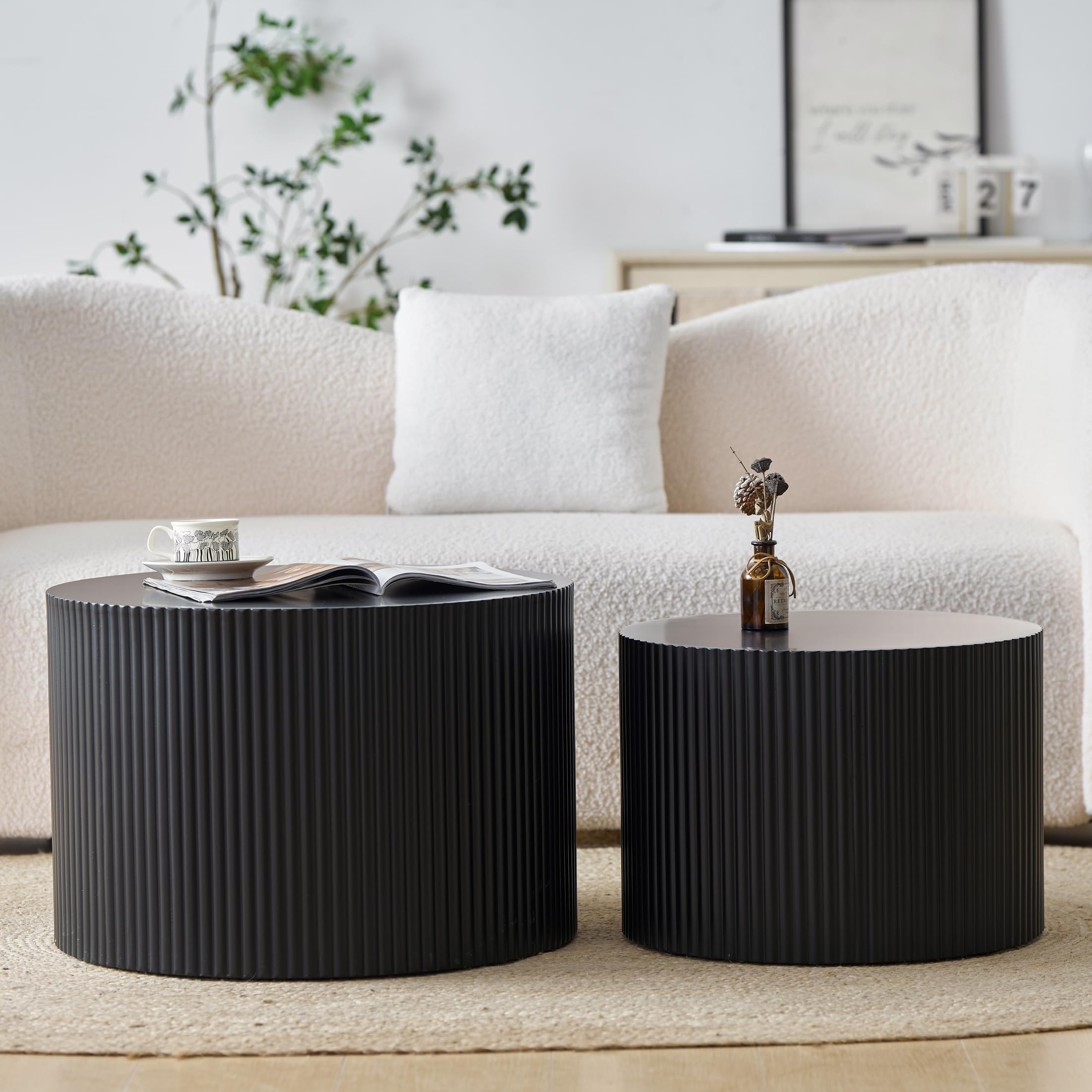Modern Drum Nesting Coffee Table Set of 2 - Round Wave Stripe Side End Tables for Living Room & Bedroom - Black - Perfect for Small Spaces & Contemporary Home Decor
