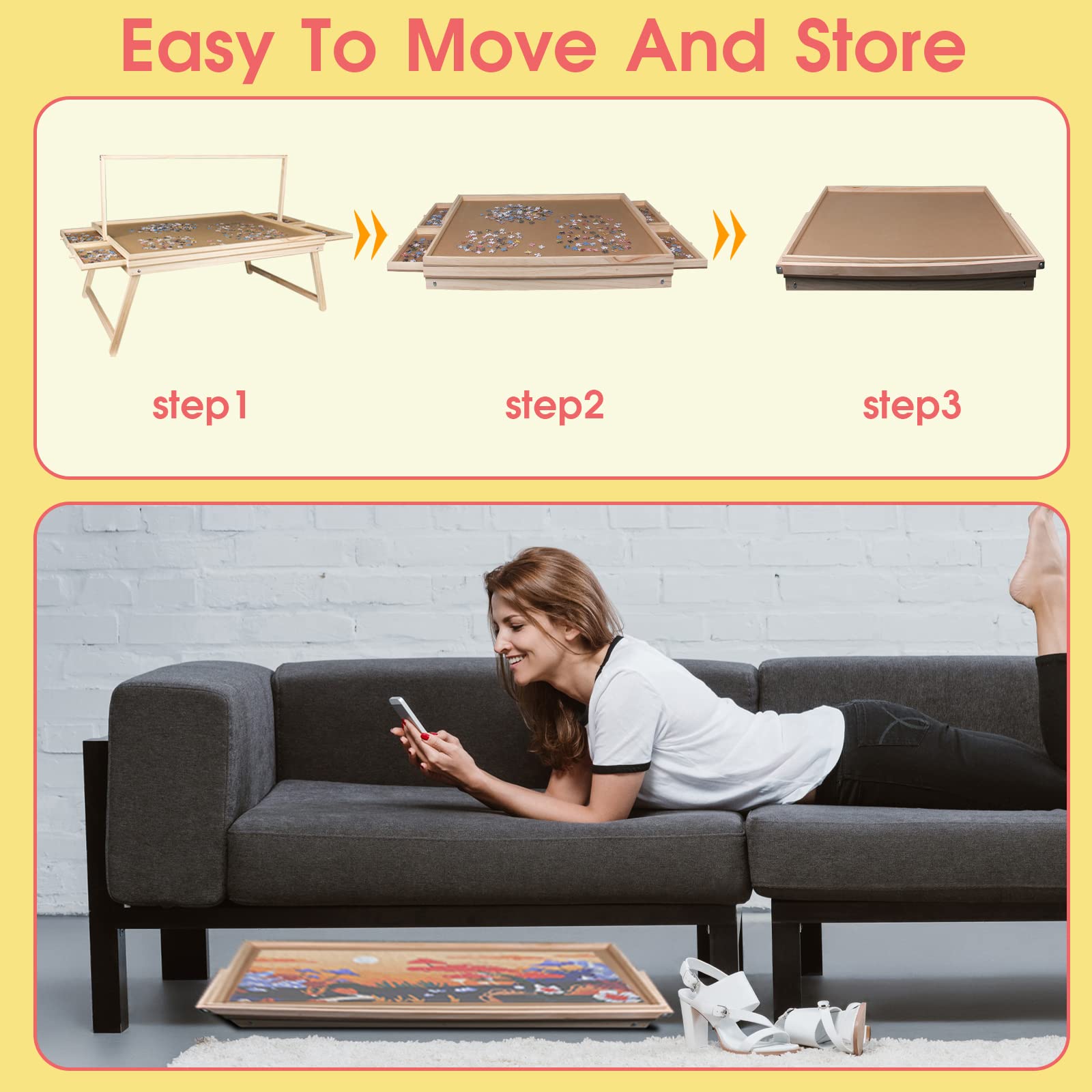 LED Illuminated Wooden Puzzle Board with Folding Legs - Portable Jigsaw Puzzle Table with Storage Drawers & Cover - 500 Piece Puzzle Tray for Adults & Kids - Perfect for Family Game Nights, Travel, and Home Decor