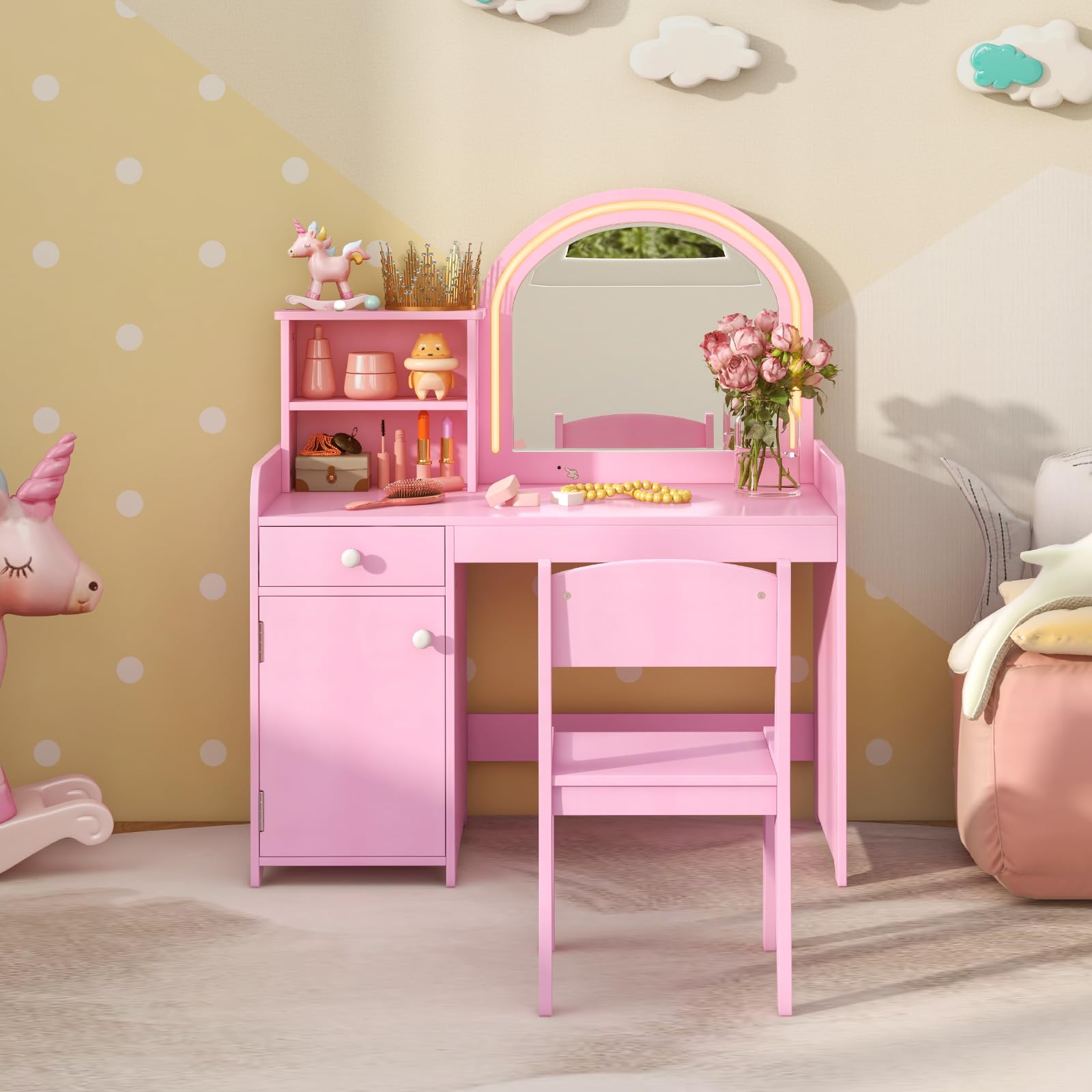 GOFLAME Kids Vanity Set with Lighted Mirror - Toddler Makeup Dressing Table & Chair Set with Shelves, Drawer & Cabinet - Pretend Play Vanity with 2-Color LED Lights - Perfect for Princess Themed Bedroom & Birthday Gifts (Pink)