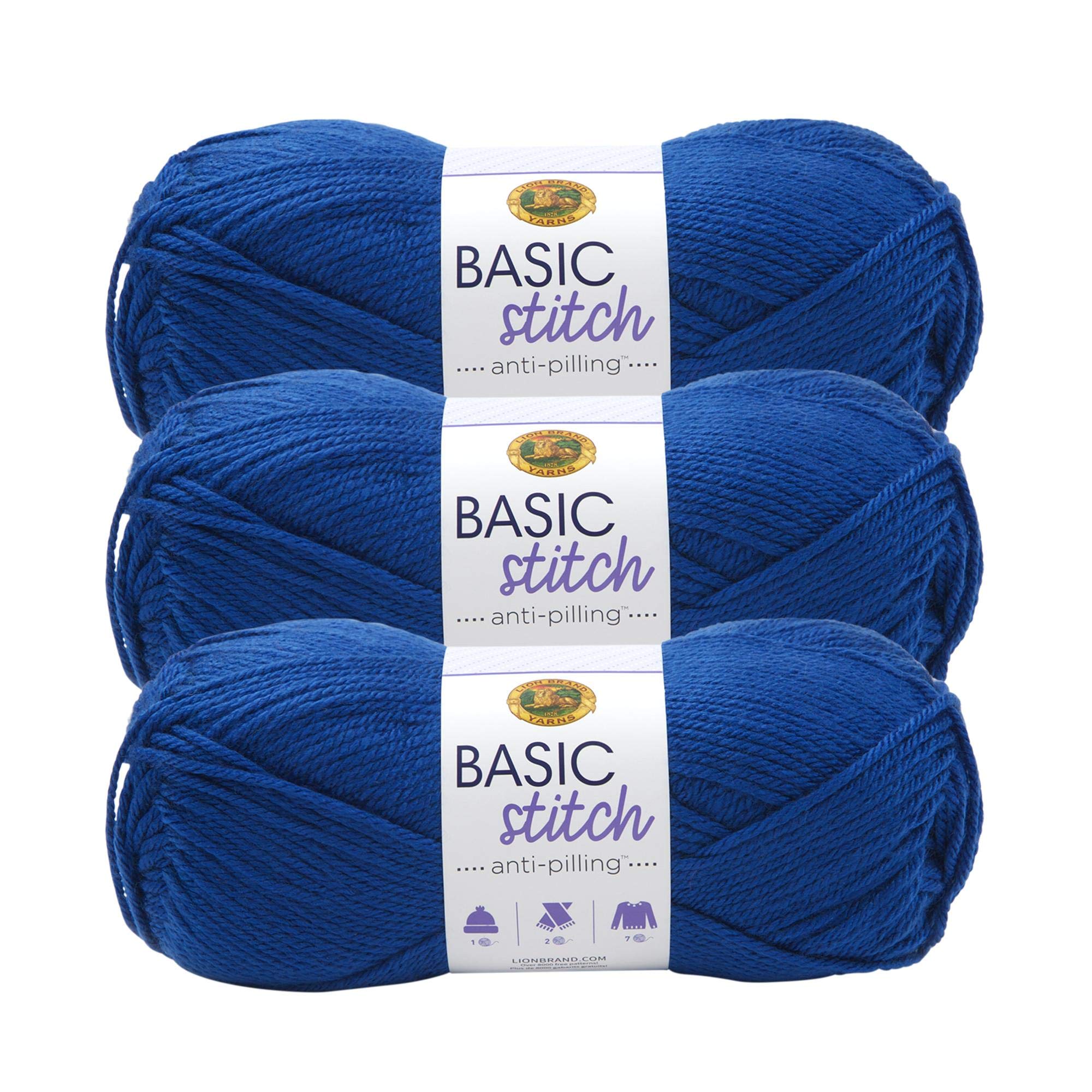 Lion Brand Yarn Basic Stitch Anti-Pilling Knitting & Crochet Yarn - 3-Pack Royal Blue - Soft DIY Yarn for Scarves, Blankets & Baby Clothes