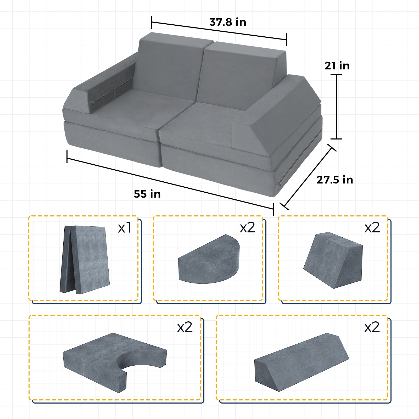 MAXYOYO 10-Piece Modular Convertible Kids Play Couch Sofa Set with Removable Soft Velvet Covers (Grey) - Perfect for Playrooms, Daycare Centers & Family Living Rooms