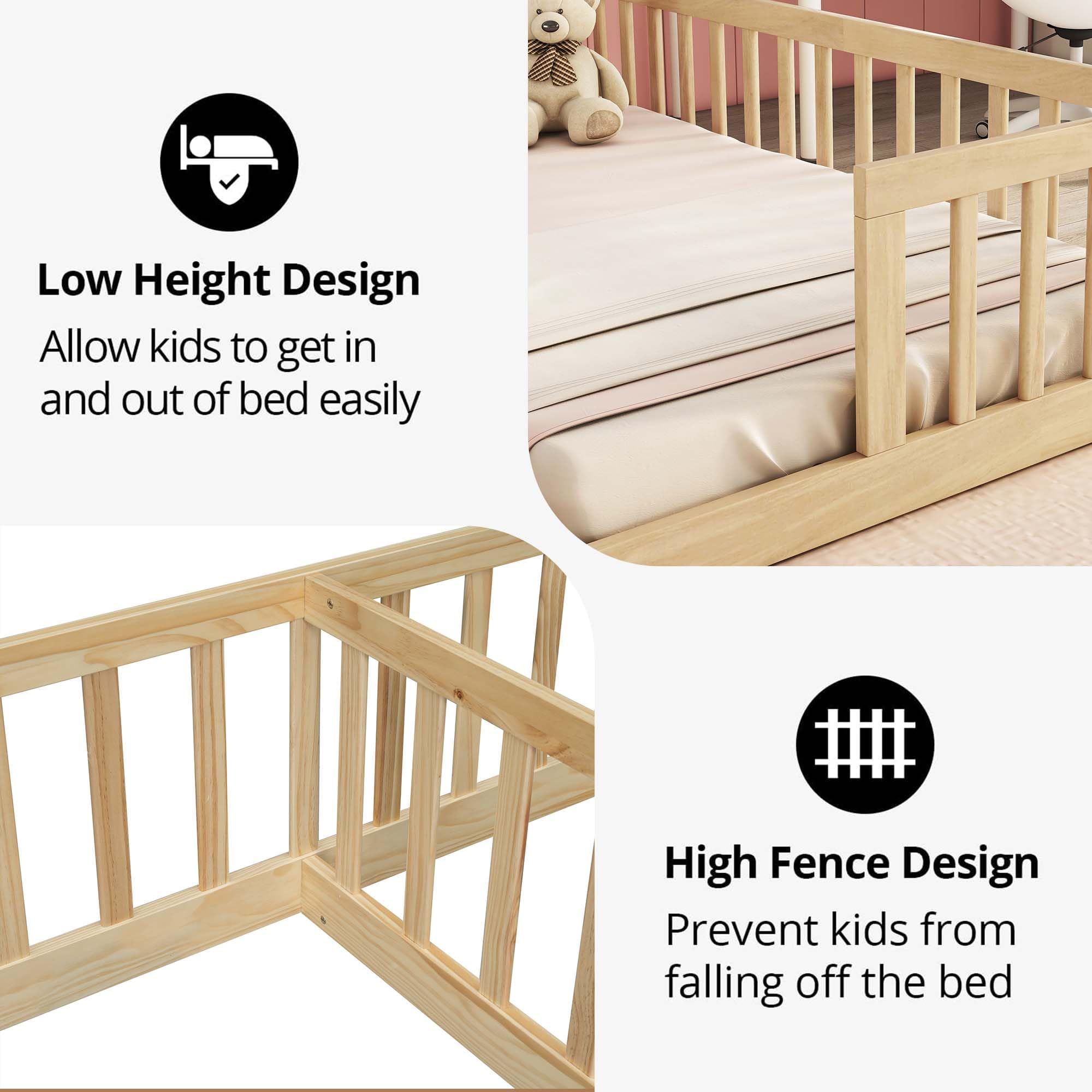Montessori Floor Bed for 2 Kids - Wooden Twin Bed Frame with Safety Railings for Boys & Girls - Natural Solid Wood - Perfect for Shared Kids' Rooms & Montessori Learning Spaces