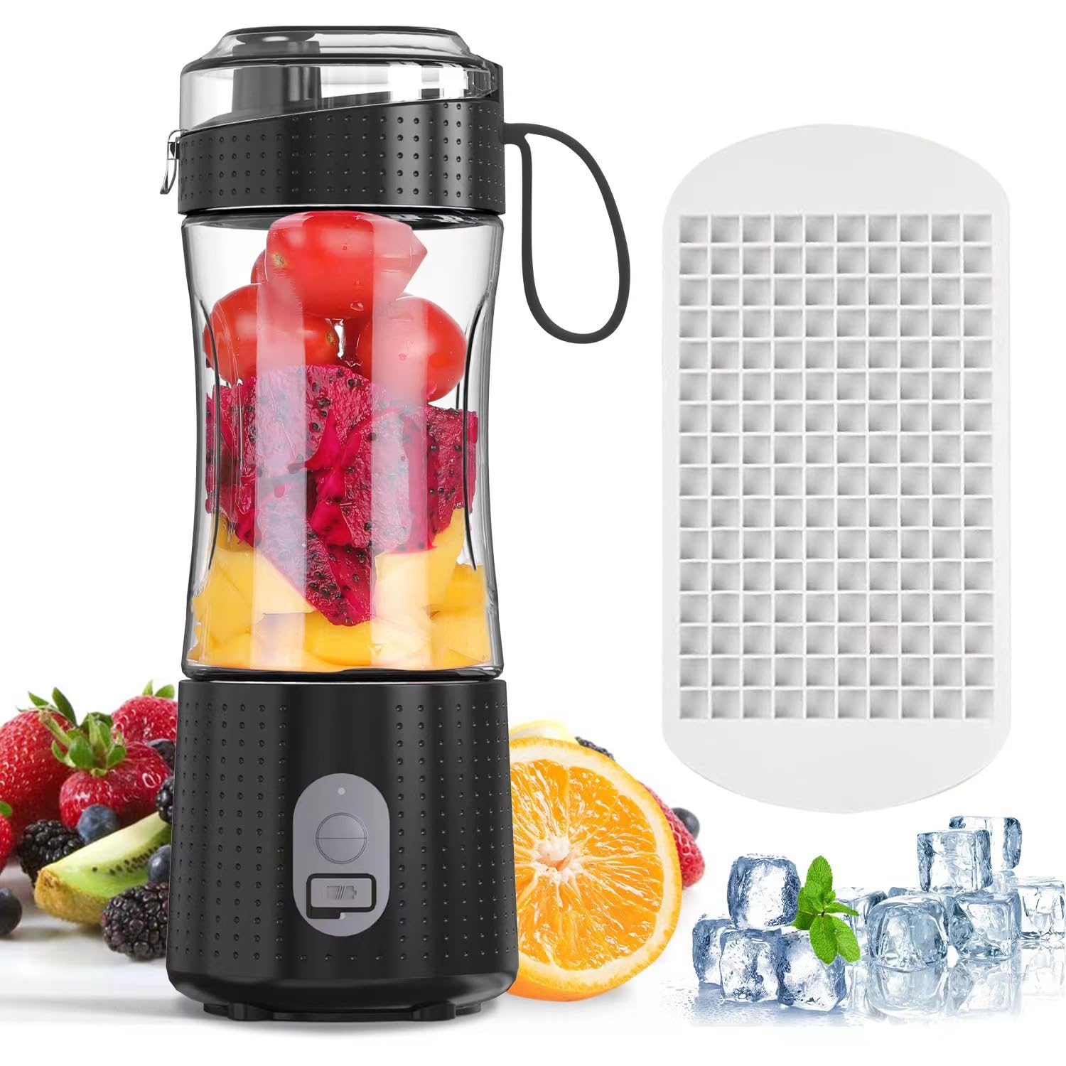 Portable Personal Blender for Smoothies & Protein Shakes - Mini Cordless Rechargeable Blender Bottle with Ice Tray - Perfect for Kitchen, Gym, Travel & Outdoor Activities (Black Pro)