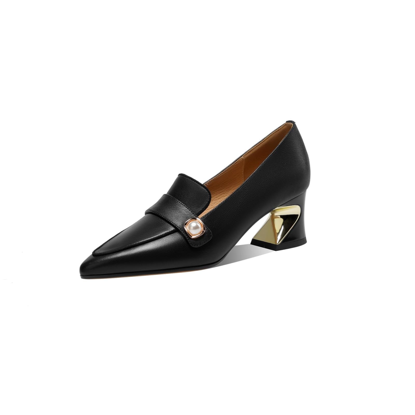 TinaCus Women's Pointed Toe Genuine Leather Chunky Heel Slip-On Pumps with Pearl Decor - Elegant Dress Shoes for Work, Party & Wedding Occasions