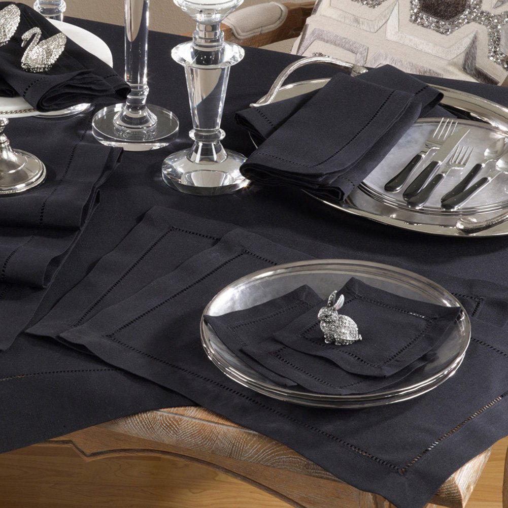 Premium Black Classic Hemstitched Polyester Placemats Set of 12 - 14