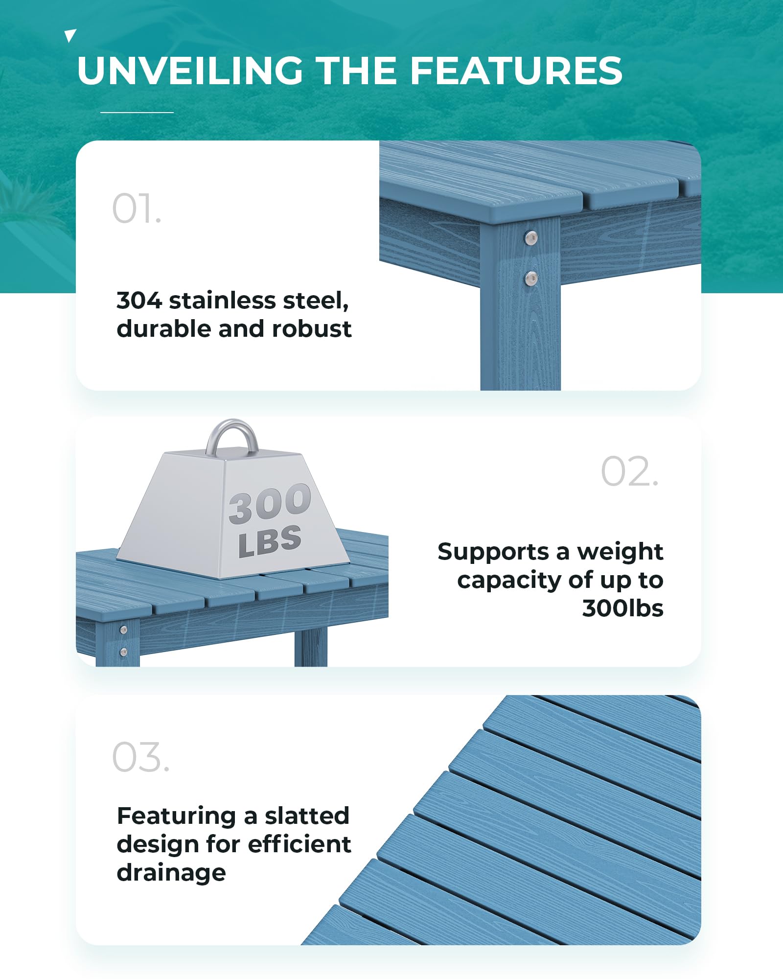 SERWALL HDPE Rectangle Outdoor Coffee Table - Navy Blue Patio Furniture for Garden, Poolside, Deck & Backyard Relaxation
