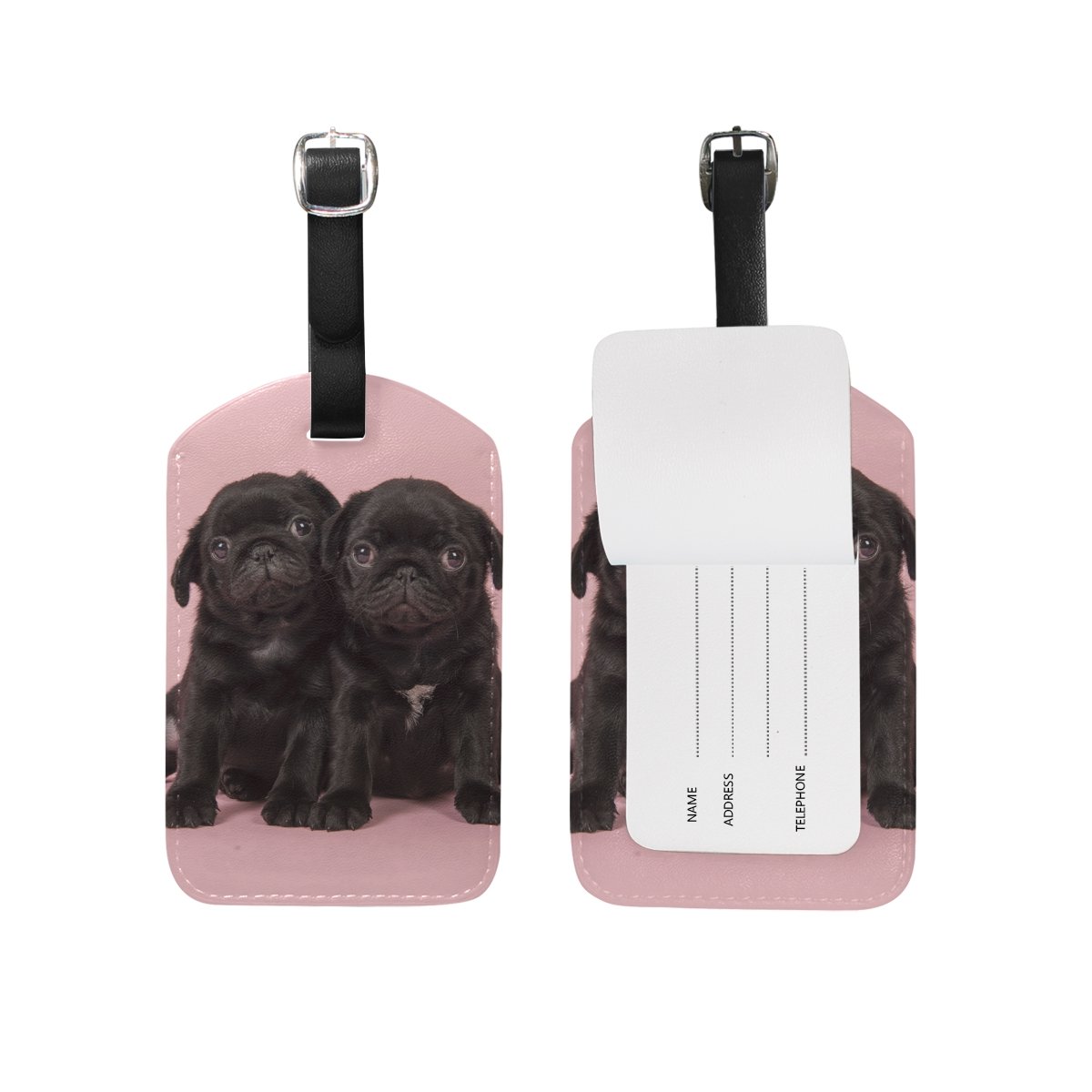 ALAZA Black Pug Puppies Luggage Tags - 2 Pack PU Leather Suitcase ID Labels for Travel Bags | Perfect for Airports, Cruise Ships & Business Trips