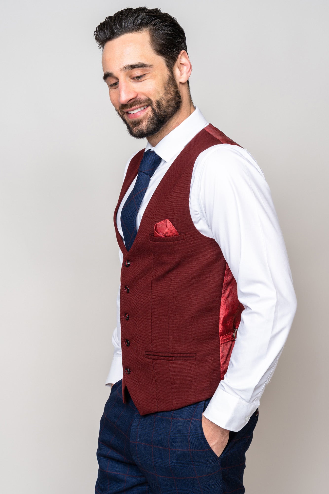 EDINSON Men's Navy Check Suit with Kelvin Wine Waistcoat - Formal Business Attire for Weddings & Office Meetings