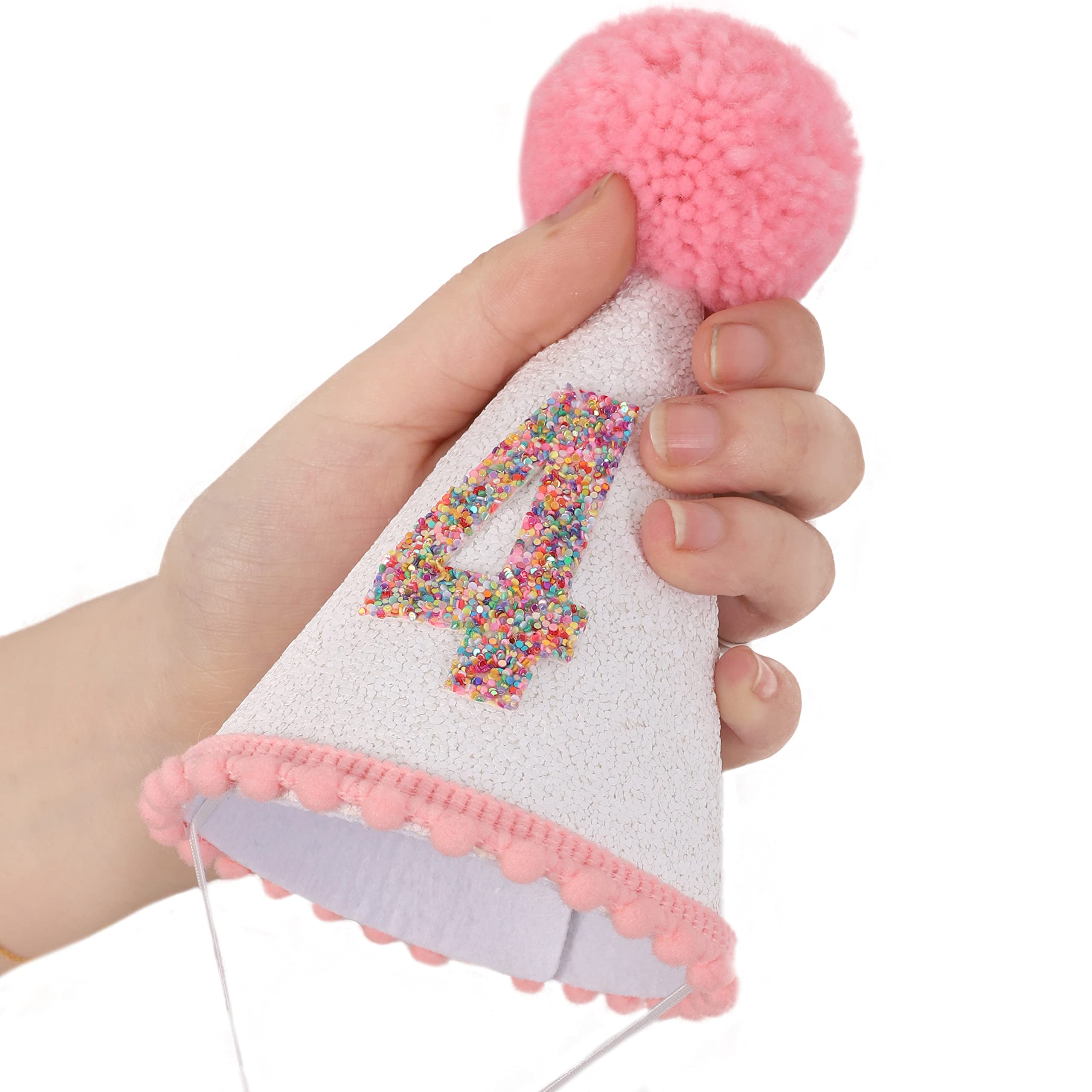 Sparkly Pink Glitter Birthday Hat for Girls with Pom Topper - Cute Party Hat for Birthday Celebrations, Princess Theme Parties & Special Occasions