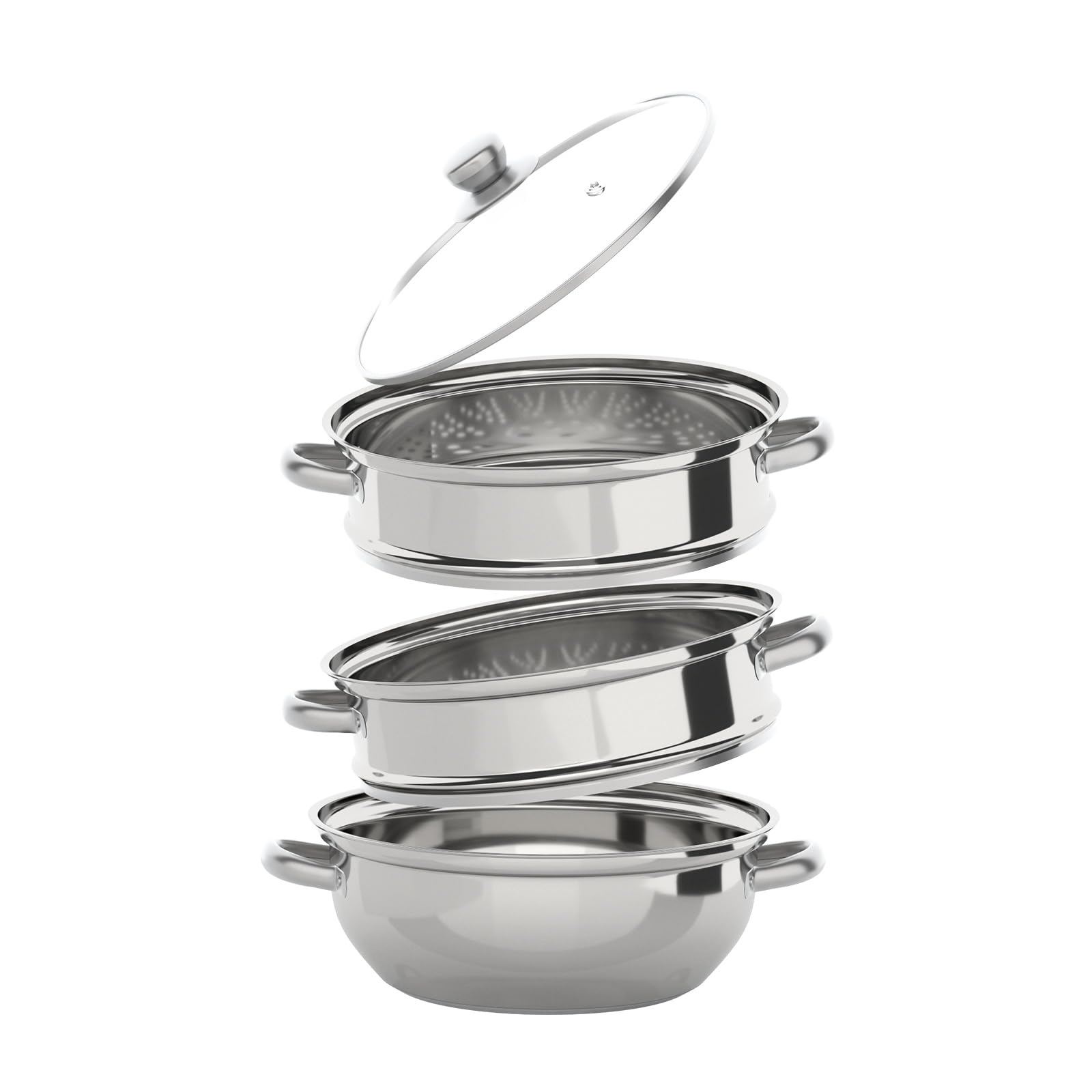 3-Tier Stainless Steel Steamer Pot with Explosion-Proof Glass Lid - 11 Inch Stackable Cookware Set for Induction, Gas & Electric Stoves - Perfect for Steaming Vegetables, Seafood and Dumplings at Home
