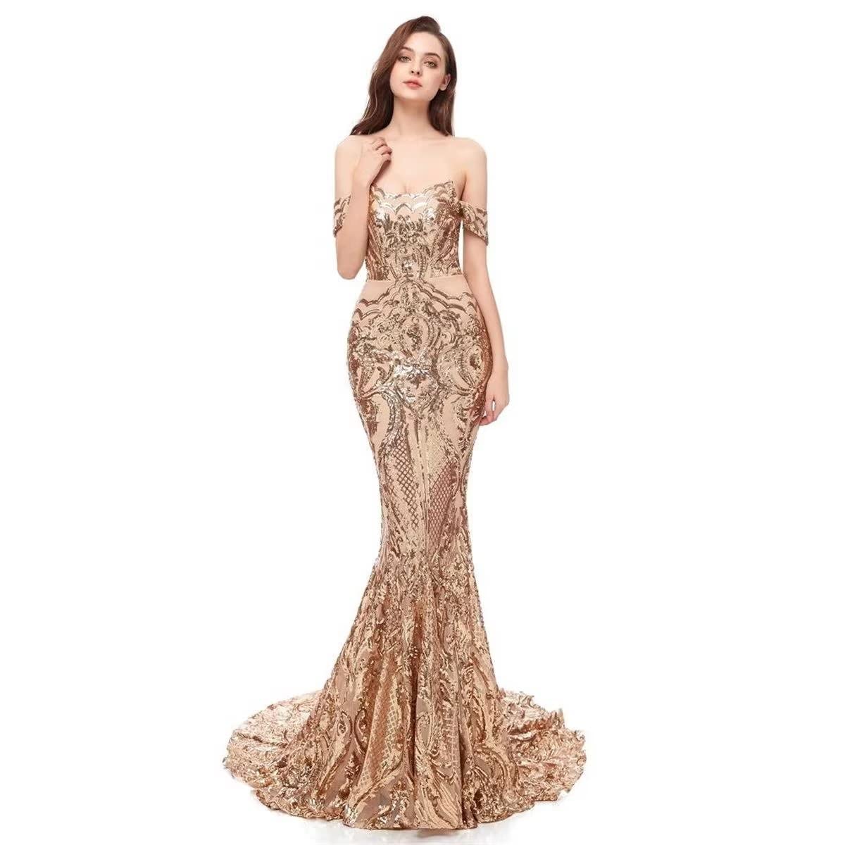 Elegant Women's Tulle Sequin Off-Shoulder Mermaid Gown - Long Backless Evening Dress for Cocktail Party, Prom, Pageant & Special Occasions
