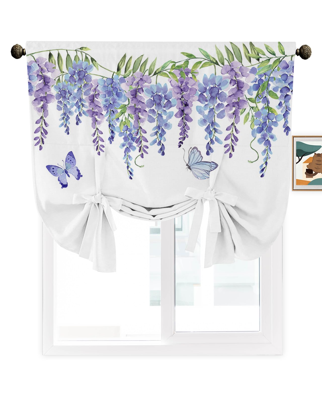 Adjustable Balloon Tie-Up Blackout Window Valance Curtain - 42x63 Inch Spring Floral Purple Flower Butterfly Design for Bedroom, Farmhouse & Kitchen Decor | Rod Pocket Panel for Light Control & Privacy