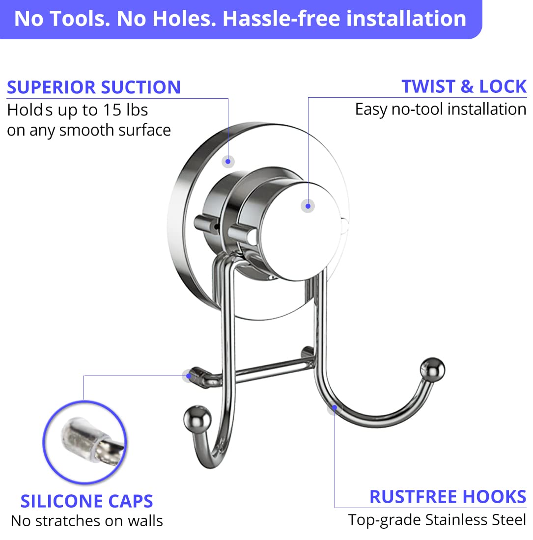 Stainless Steel Suction Cup Hooks (2-Pack) - Heavy Duty 15lb Capacity for Shower, Bathroom, Kitchen - Rustproof Chrome Finish for Towels, Loofahs, Robes - Perfect for Glass Doors, Mirrors & Tile Walls