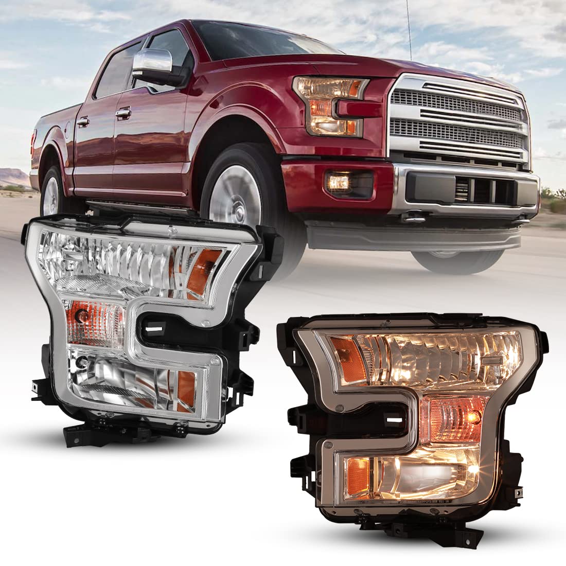 **2015-2017 Ford F150 F-150 Projector Headlights Assembly - High/Low Beam, Turn Signal & Amber Reflector - Aftermarket Replacement Headlamps (Left + Right Pair) - Perfect for Night Driving & Off-Road Adventures**