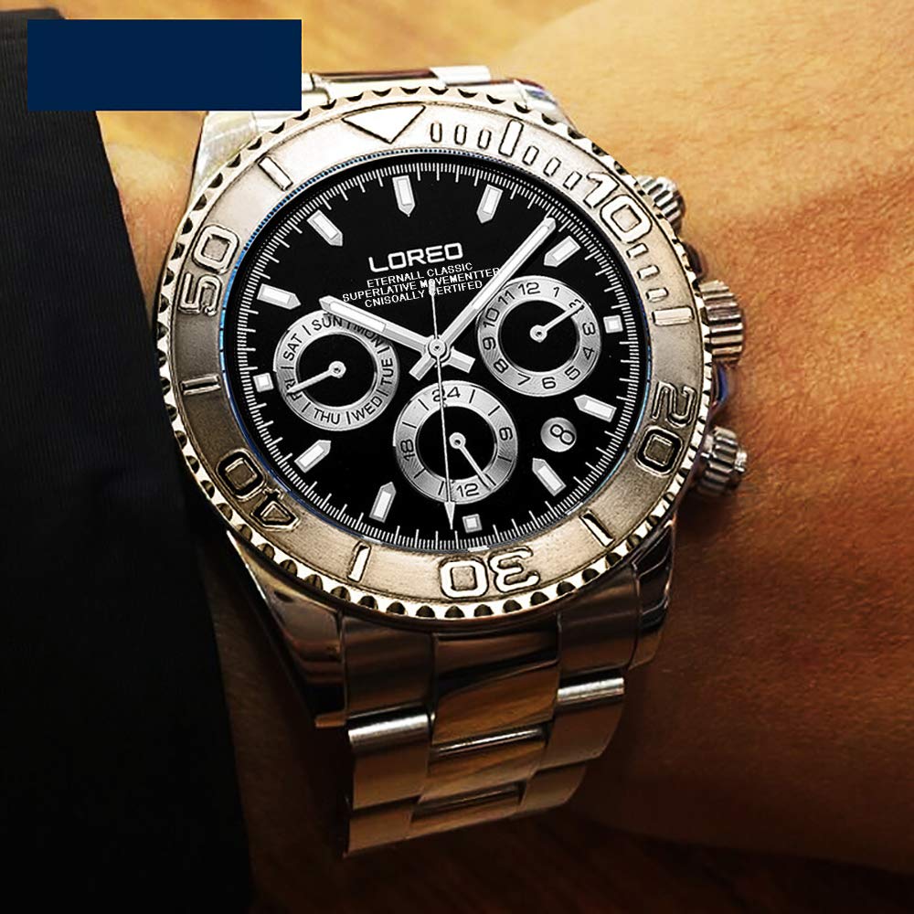 LOREO Men's Automatic Multifunction Stainless Steel Watch with Sapphire Glass - Waterproof, Silver & Black - Perfect for Business, Casual & Outdoor Activities