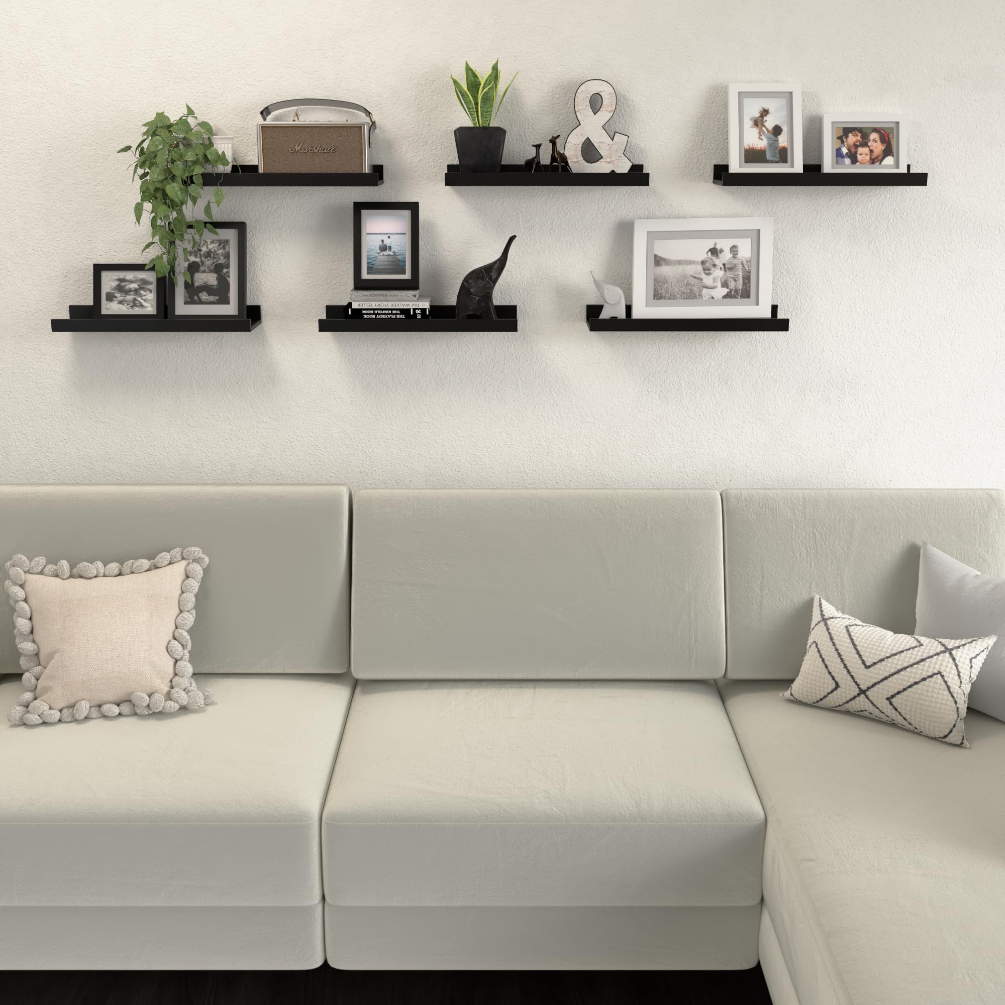 6-Pack Black Floating Shelves with Lip - Modern Wall Shelves for Living Room, Bedroom, Bathroom - Perfect for Displaying Pictures, Books, Plants & Home Decor - Sturdy Wall Mounted Shelving Solution