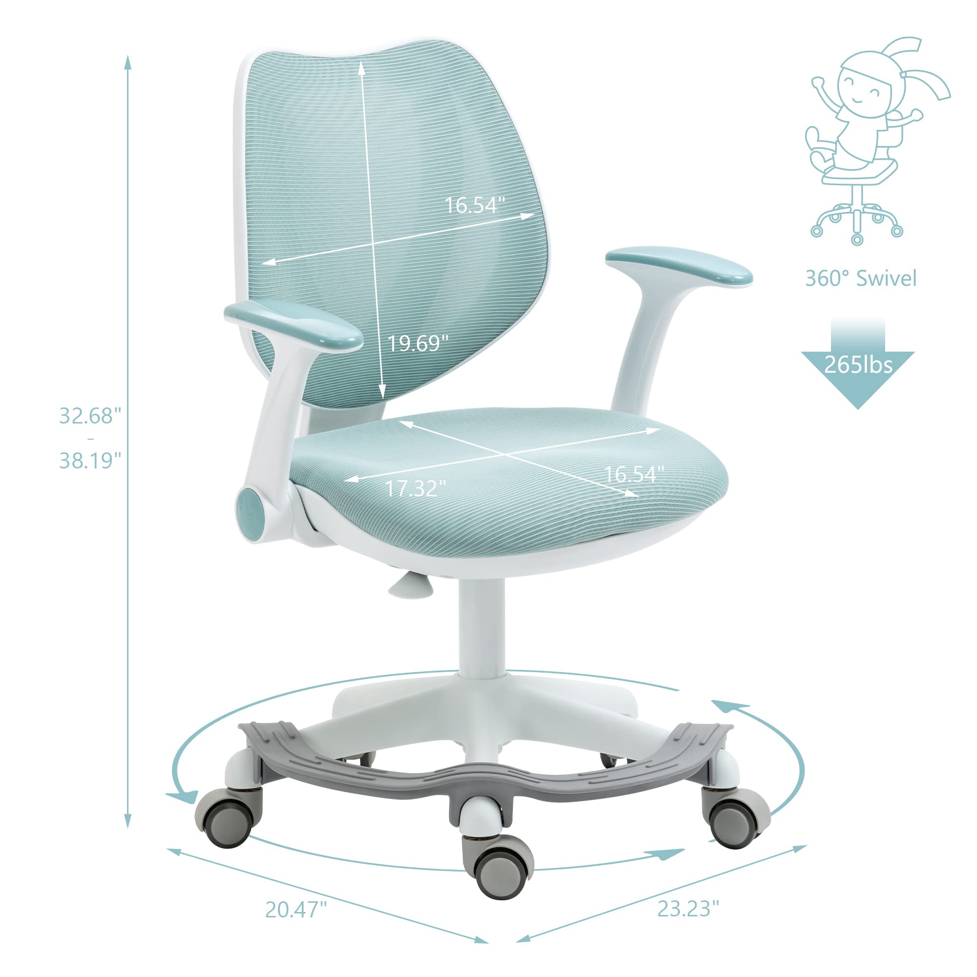 Adjustable Blue Kids Desk Chair with Armrests & Footrest - Ergonomic Study Computer Chair for Boys, Girls & Teens - Perfect for Home Office, Online Learning & Gaming