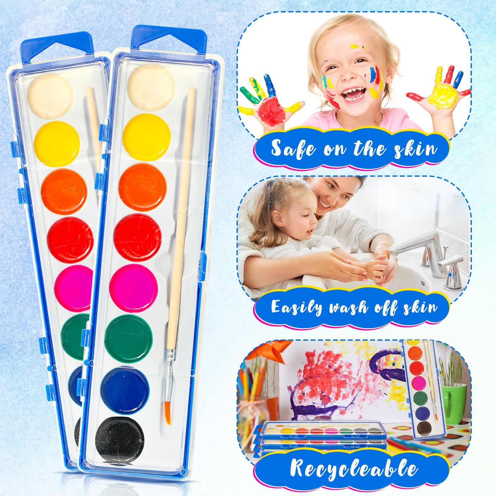 36 Pack Kids Watercolor Paint Set - 8 Vibrant Washable Colors with Paintbrush | Bulk Art Supplies for Classroom, Birthday Party Favors & Creative Painting Activities