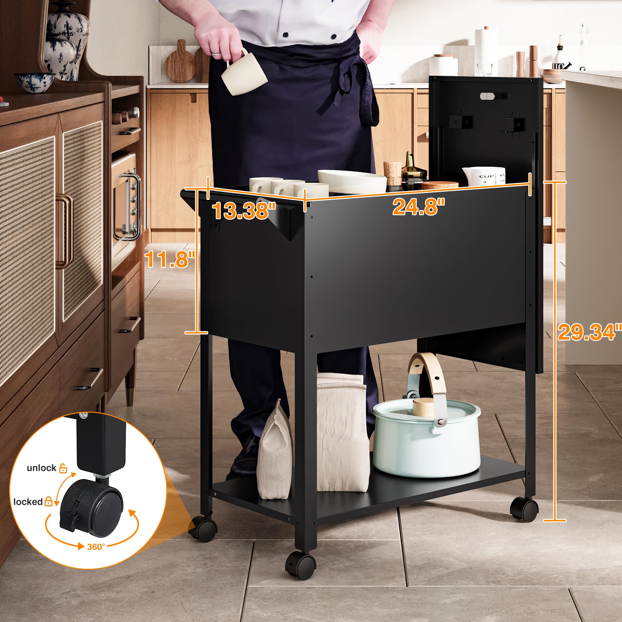 2-Tier Mobile File Cabinet with Wheels - Lockable Rolling Cart for Hanging Files, A4/Letter/Legal Size Documents - Black Office Organizer for Home & Office Workspaces