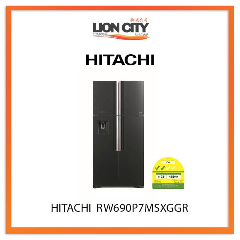 Hitachi 518L 4-Door Side by Side Refrigerator RW690P7MSXGGR - Energy Efficient Stainless Steel Fridge for Modern Kitchen & Large Family Use
