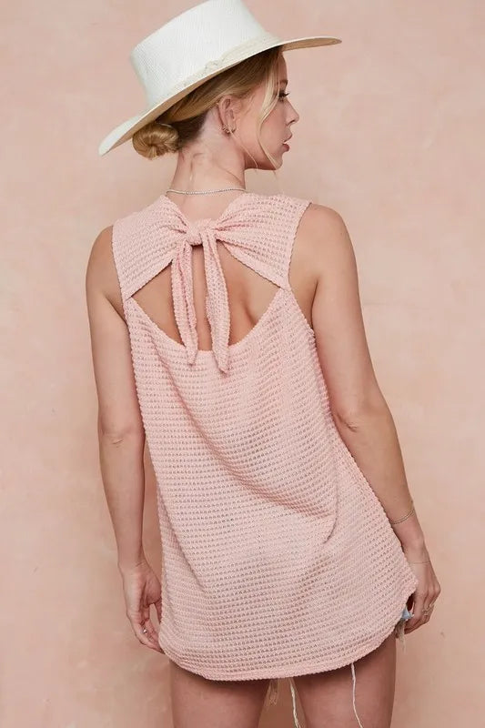 BiBi Popcorn Waffle Open Back Women's T-Shirt with Tied Ribbon - Casual Summer Top for Beach, Date Night & Street Style