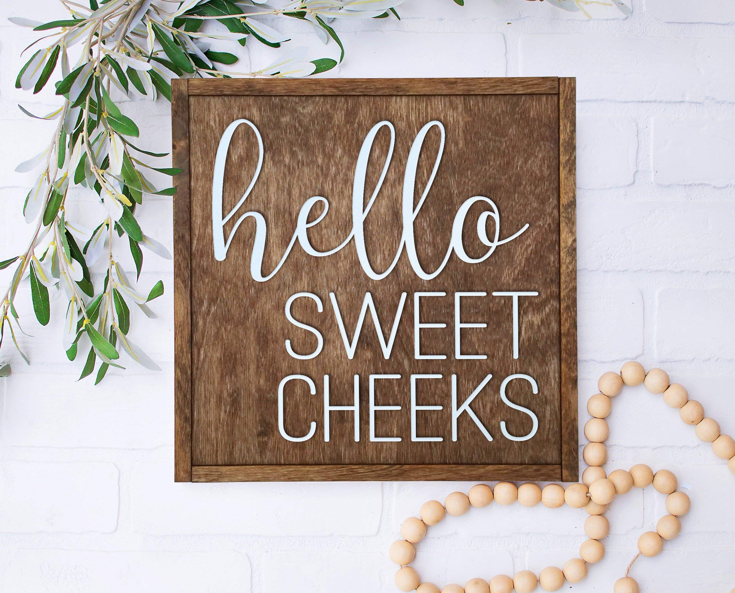 Funny Farmhouse Bathroom Sign - Hello Sweet Cheeks 7x7 - Kids & Guest Bathroom Decor