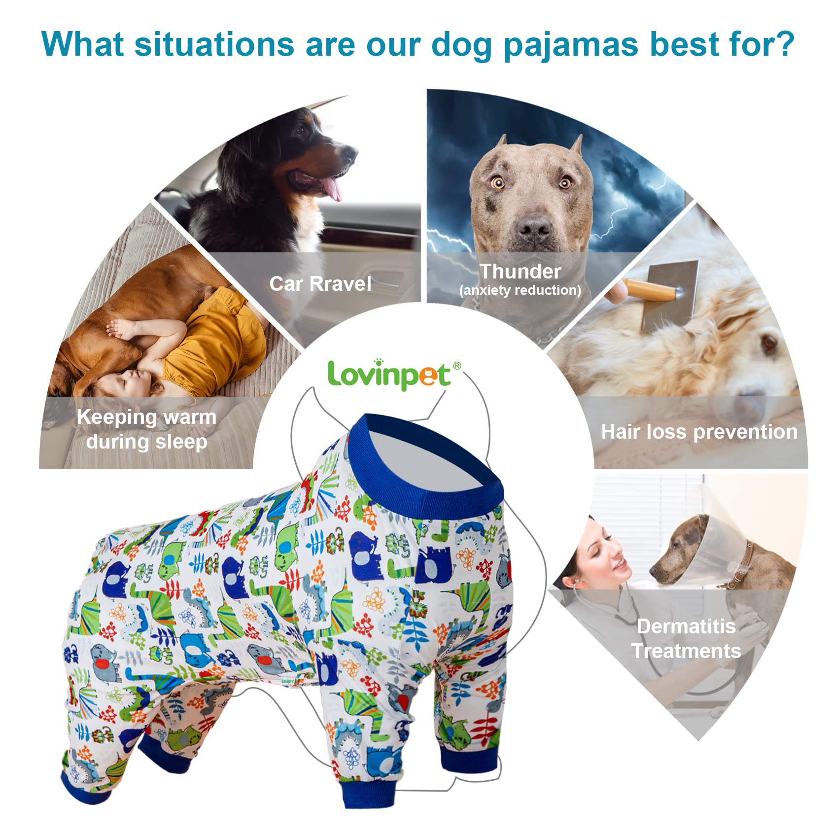 LovinPet Medium Dog Onesie - Large Dog Pajamas, Lightweight Stretchy Fabric, White Dinosaur Print, Dog Jumpsuit for Anxiety Relief | Easy to Wear Pet Costume for Parties & Halloween | Blue Grey (Perfect for Pet Photo Shoots, Birthday Celebrations & Comfort Wear)