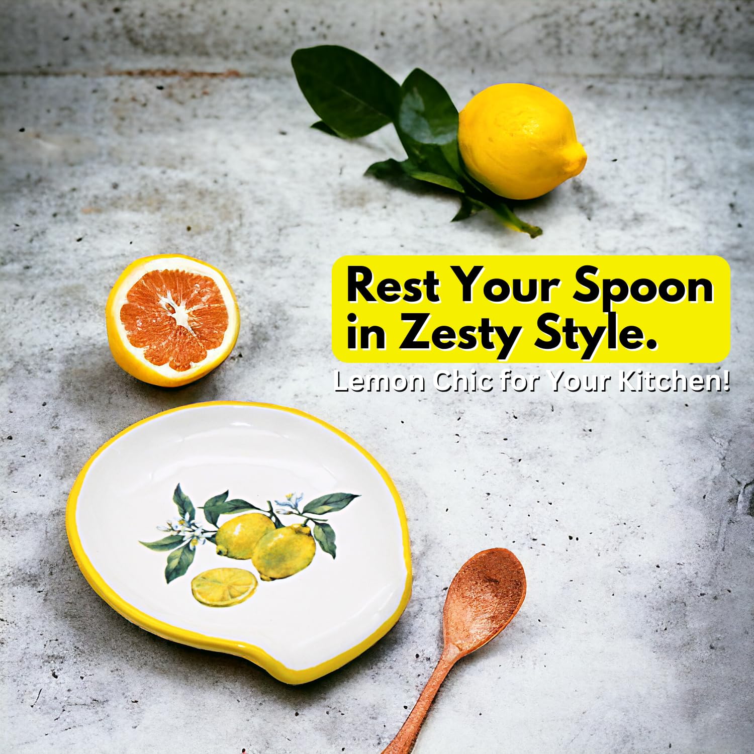 Lemon Kitchen Decor - 5'' Ceramic Spoon Rest for Stovetop, Farmhouse Utensil Holder & Countertop Accessory - Lemon-Themed Christmas Gifts for Home Cooks & Baking Enthusiasts