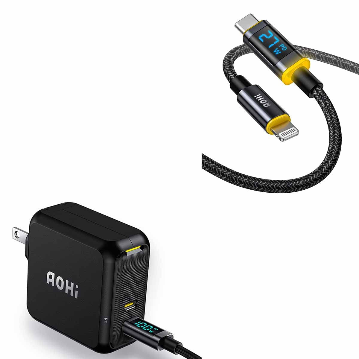AOHI 100W 2-Port Foldable GaN USB C Fast Charger with LED Display - Includes USB C to C & USB C to Lightning Cable (4FT) - Perfect for MacBook, iPhone, iPad & Travel Charging